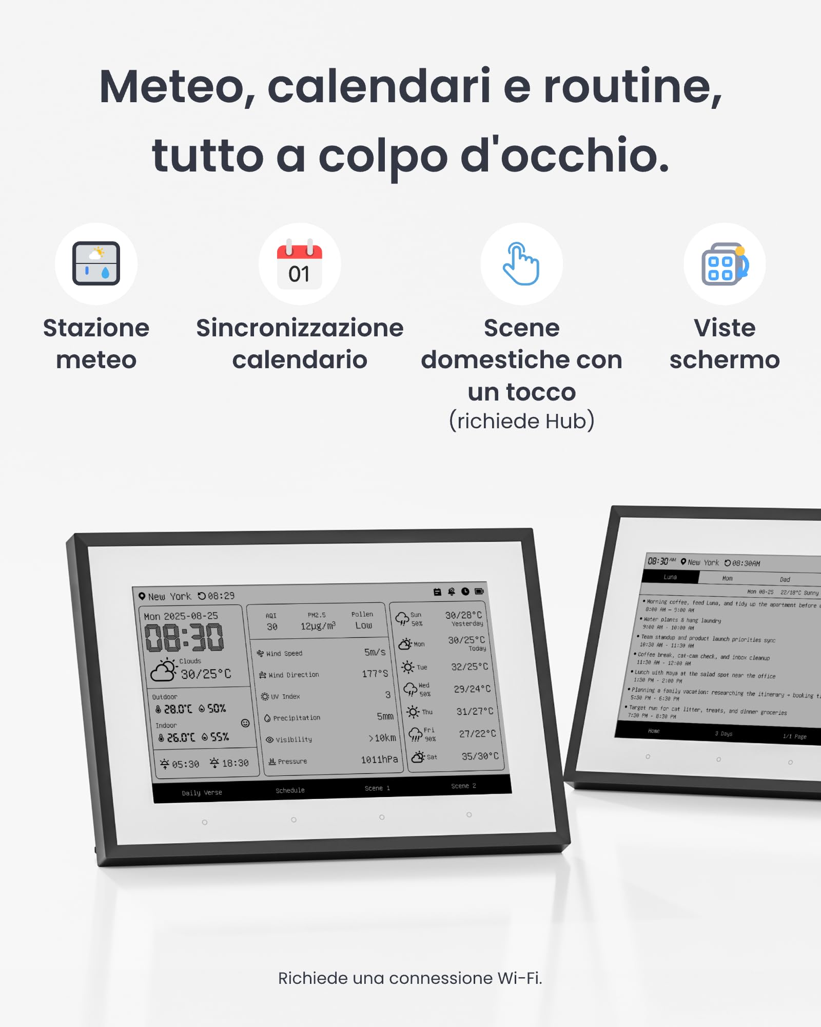 SwitchBot Smart Dashboard domestica E-Ink, Monitor wireless 7,5” per temperatura e umidità interne/esterne con calendario, Wi-Fi 2,4GHz e BLE, compatibile con Google, iCloud, Outlook