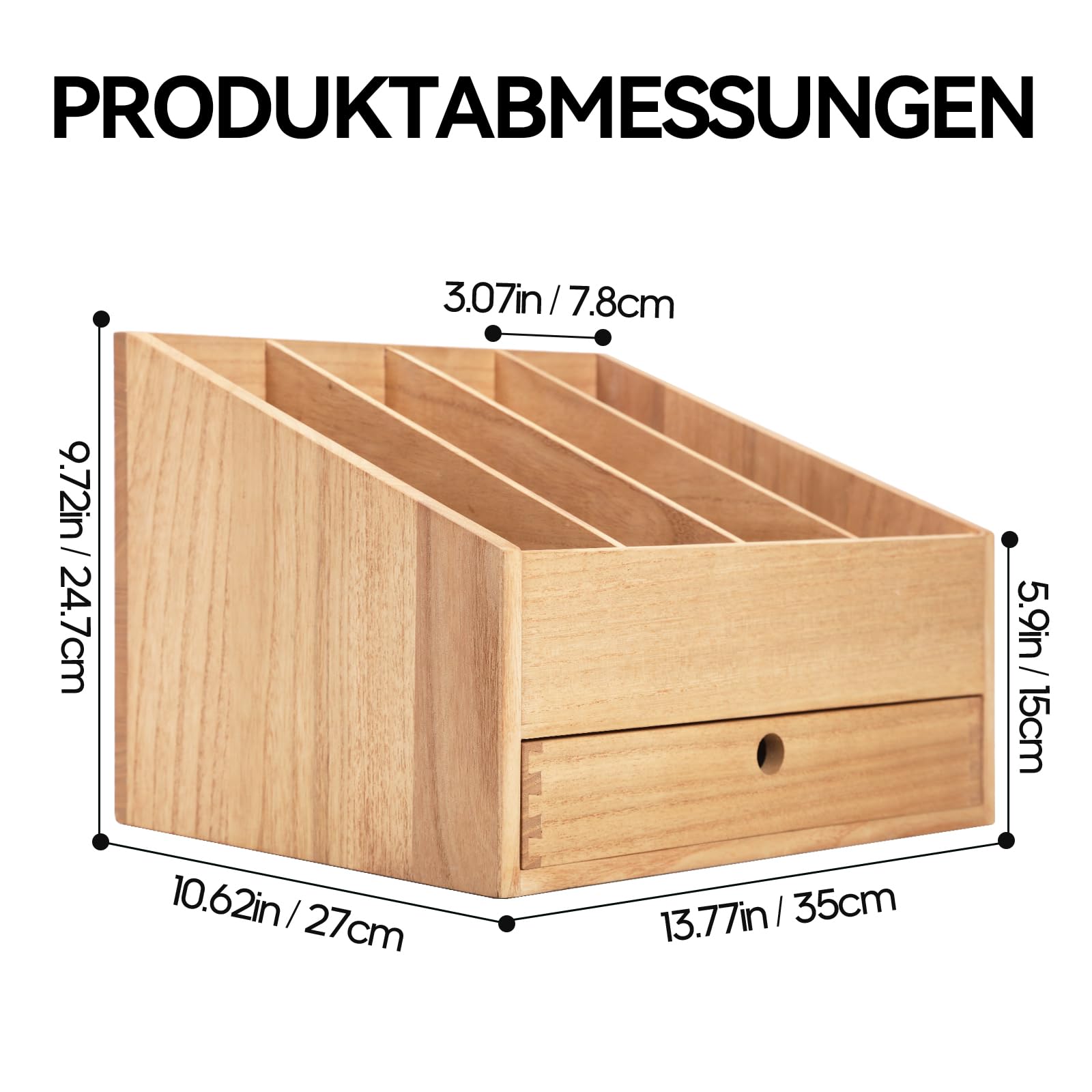 KIRIGEN Holz Schreibtisch-Organizer mit 4 Fächern und Schublade – Holz Briefablage Dokumentenhalter und Aktenhalter für Büro, Zuhause und Schule natürliche Farbe