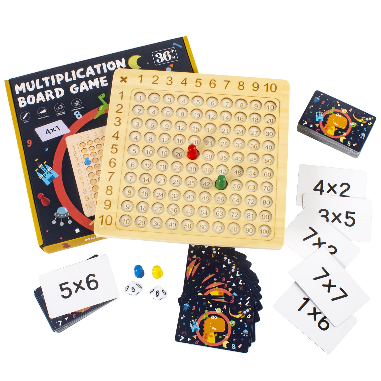 Wooden Montessori Multiplication Board Game with 100 Multiplication Flash Cards, Kids Math Counting Learning Toys Gift, Early Educational Learn Multiplication for Children Toddlers Kids