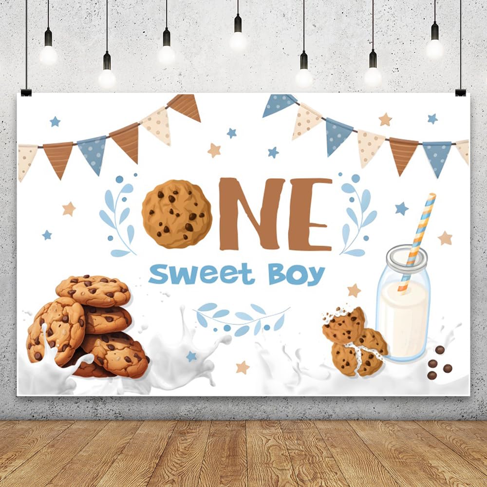 AWERT 3 x 2,4 m 'Happy 1st Birthday' tło baner jeden słodki chłopiec mleko ciasteczka urocze tło fotograficzne chłopcy pierwsze urodziny baby shower przyjęcie dekoracje materiały
