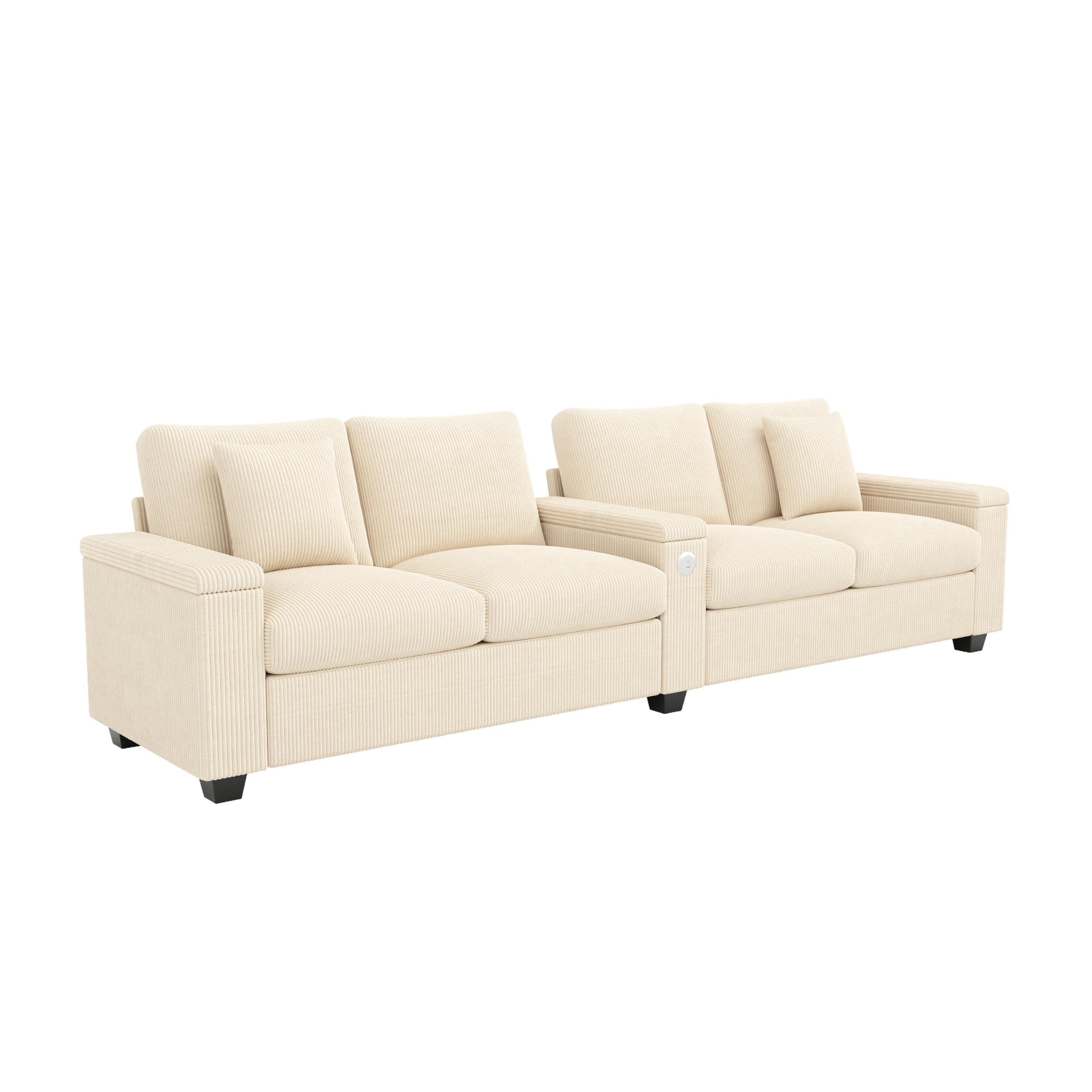 Azkoeesy Divano Moderno a 4 Posti, Lunghezza 3 m, Velluto (Beige) | per Salotto e Ufficio, 2 Cuscini, Presa USB, 3 Braccioli con Cassetto, Sedute e Cuscini Lavabili e Sfoderabili