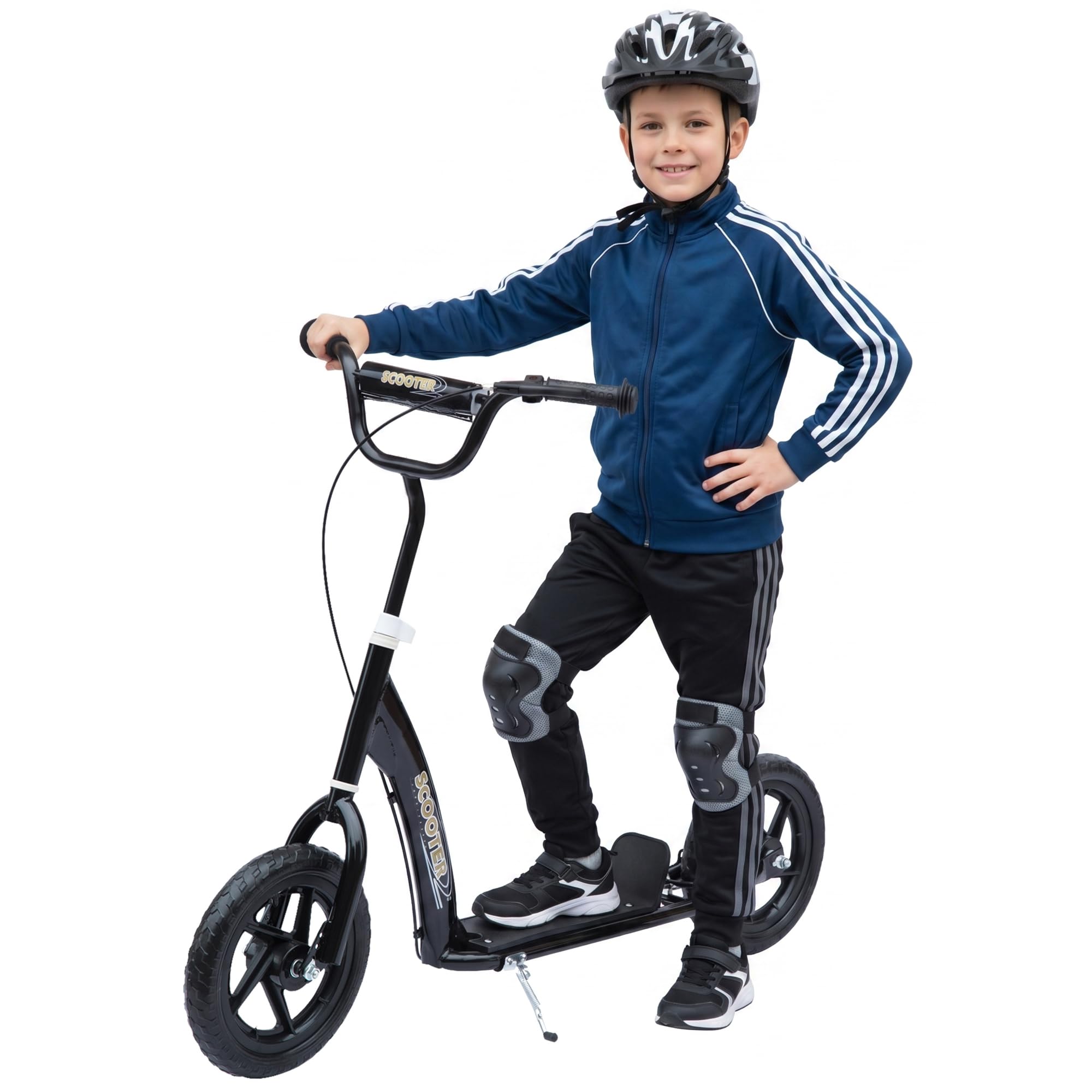 HOMCOM Monopattino per bambini pista pneumatici 30 cm altezza manubrio regolabile maniglia freno e cavalletto in acciaio per bambini dai 5 anni