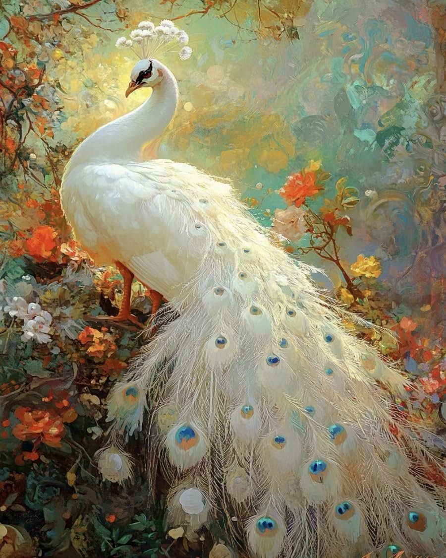 GLTEYACO Embroidery Cross Stitch Kit White Peacock 11CT Stamped Cross Stitch Kits DIY Adult Beginners for Pre-Printed Needlepoint Crafts 40x50 cm