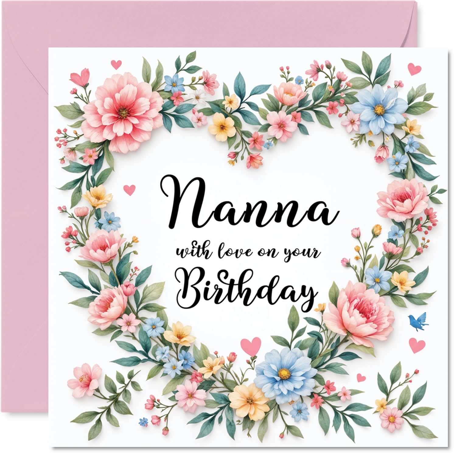 Nana Birthday Card - Flower Heart Wreath - Happy Birthday Card for Nana from Grandson Granddaughter, 145mm Flower Heart Wreath Bday Greeting Cards