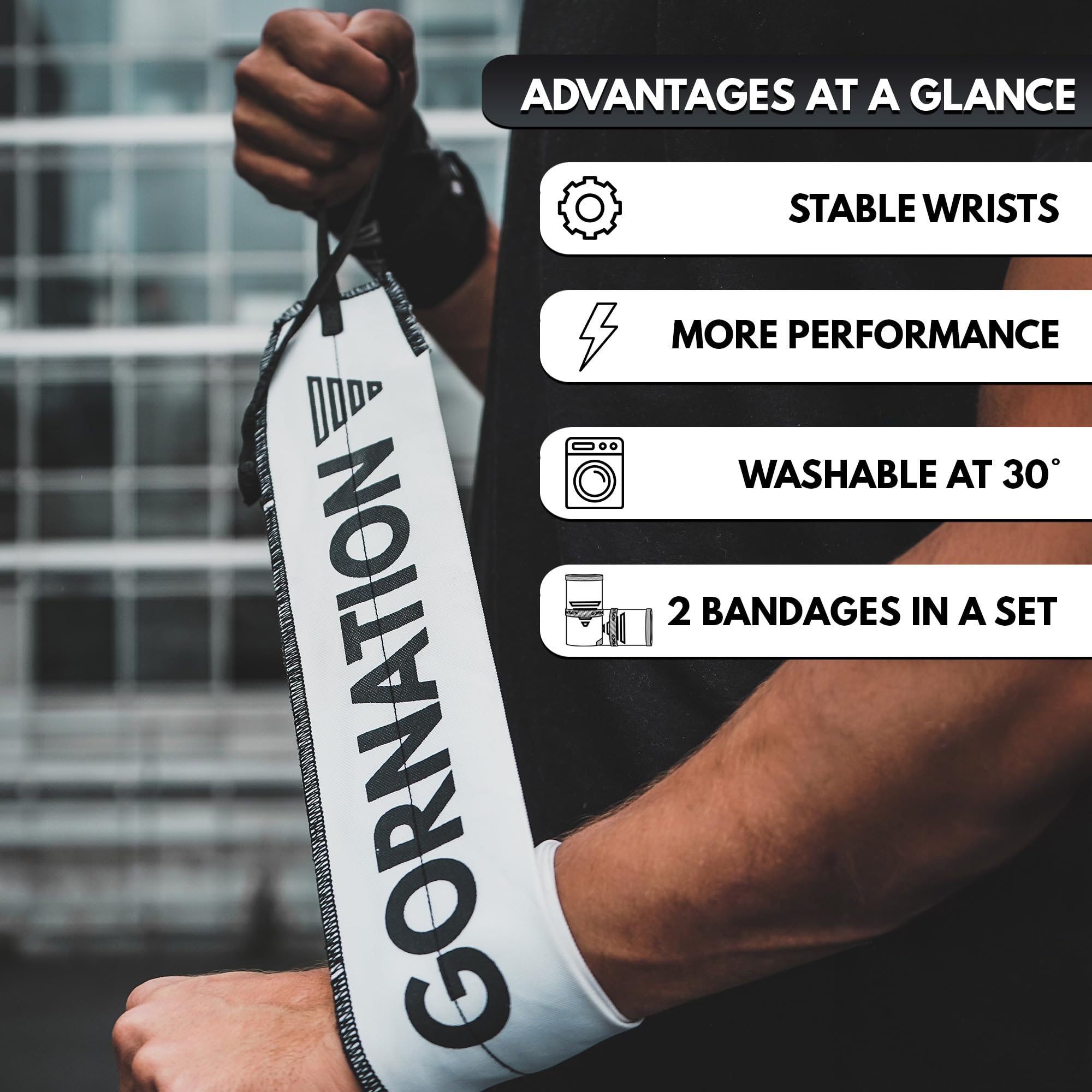 GORNATION Handledsband – Performance Wrist Wraps för fitness, gym, kalisthenics och styrketräning – 1 par omlottband, premium vit