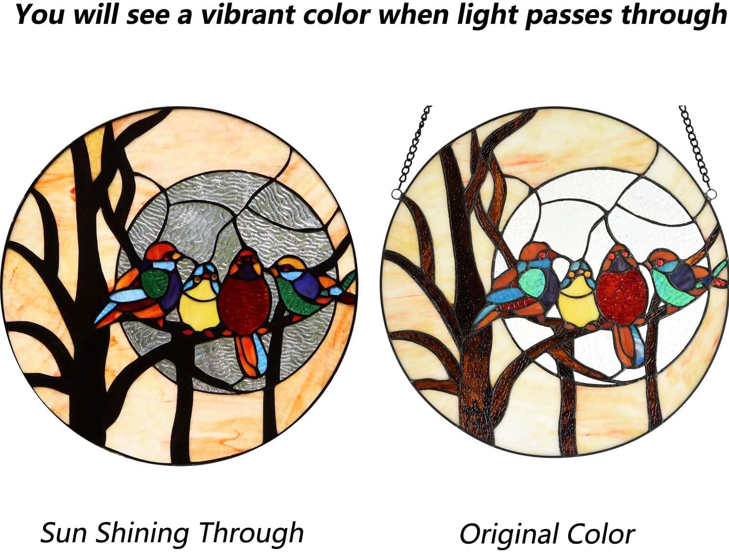 Bieye W10045 Birds Sitting on The Bare Tree Branch Again Full Moon Tiffany Style Stained Glass Window Panel Hangings with Chain, 16-inch Wide Round Shape, Cream-Colored