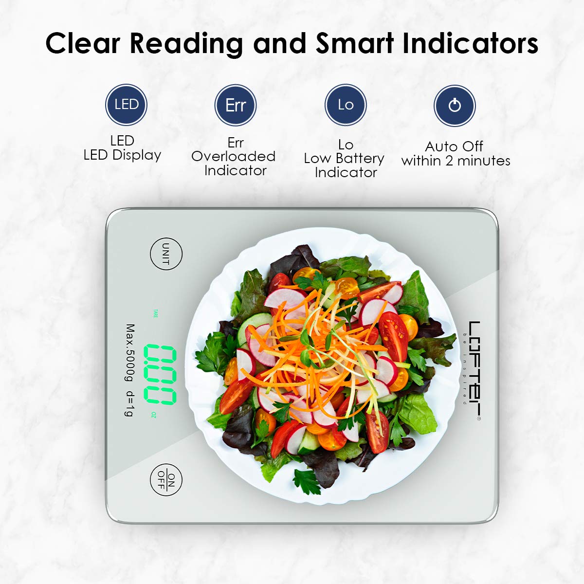 Food Scale, LOFTer Multifunction Digital Kitchen Scale with LED Display for Baking Cooking, 11lb/5KG Capacity, Ultra Slim, Easy to Clean, Tempered Glass Surface Touch Screen, Battery Included, White