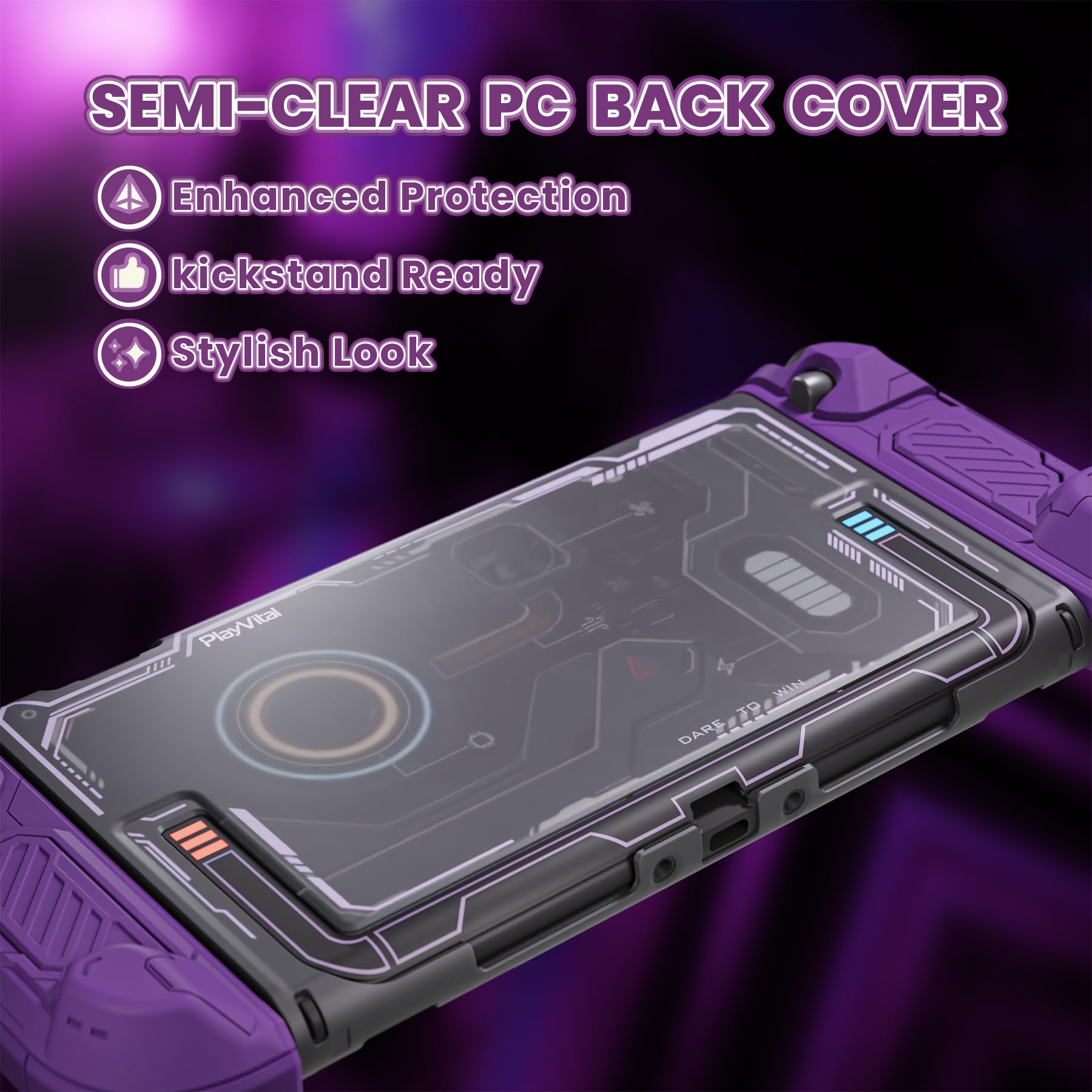 PlayVital Protective Case for Nintendo Switch 2, Stellar Mecha Ergonomic Anti-Slip Silicone Grip Cover, Dockable Hard Case Shell for Switch 2 with Joystick Cap & Sticker - Smoky Purple - 4