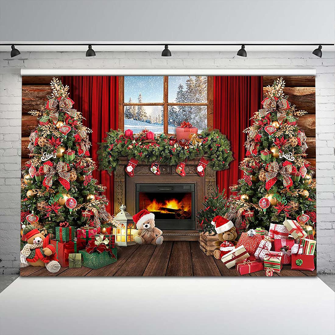 Avezano Fondale fotografico invernale natalizio rustico con finestra in legno e albero di Natale, idea regalo per bambini, decorazione per feste di bambini, ritratto, striscione per studio fotografico