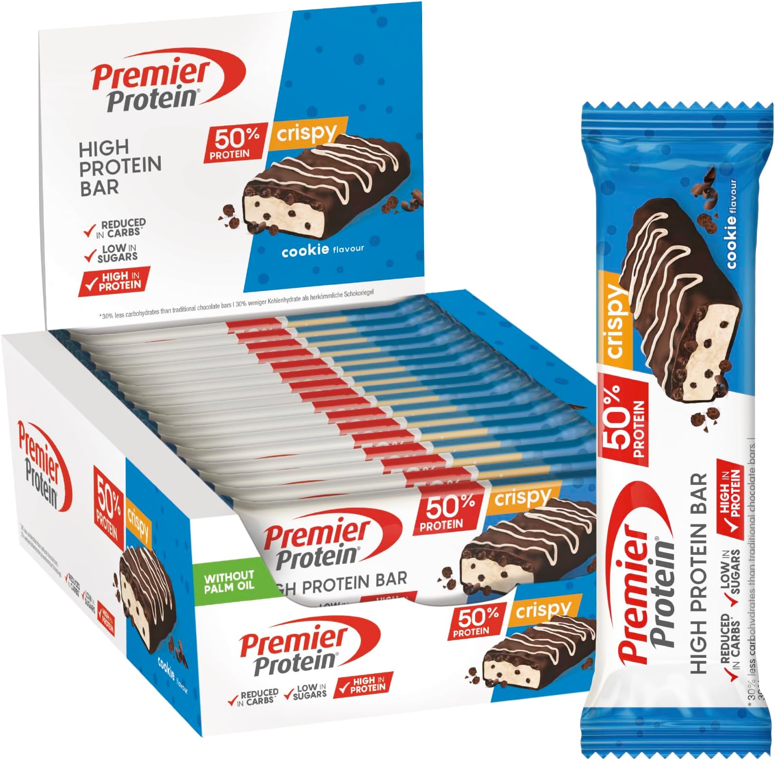 Premier Protein High Protein Bar Crispy Cookie 16x40g - High Protein Low Sugar + Palm Oil Free