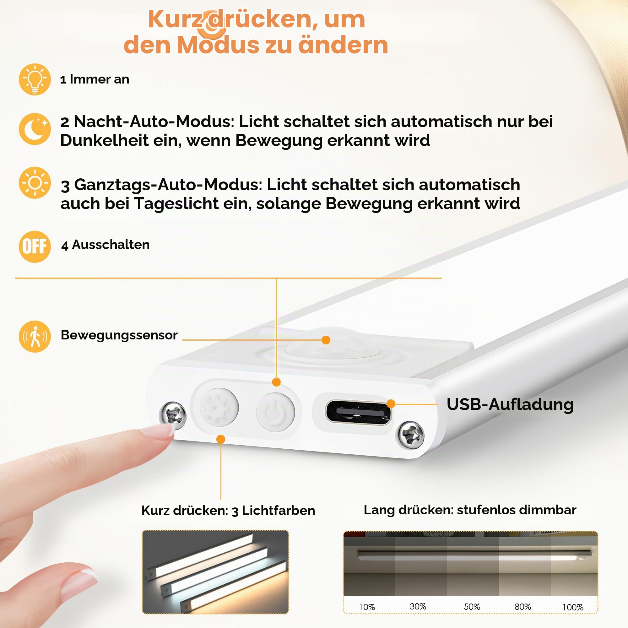 2erSet 60CM LED dimmbare Unterbauleuchte Küche Lampe 4400mAh | aufladbar Schrankbeleuchtung mit Bewegungsmelder 3 Lichtwärme magnetische Lichtleiste für Küchenschrank Kleiderschrank Bad