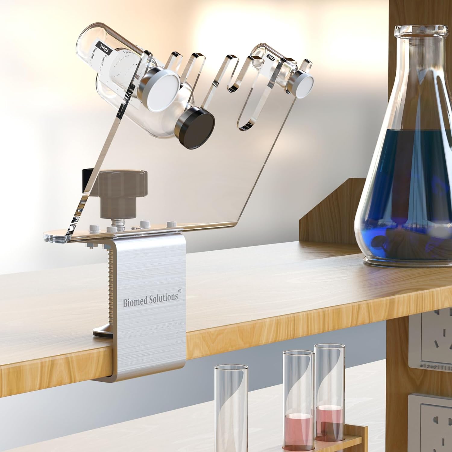 Biomed Solutions Medicine Vial Holder Transparent Hands Free Medication Vial Stand with 6 Slots & Optional Safety Lid, Adjustable Clamp Up to 1.5" Thick,Fits Different Size Bottles ,1 Piece