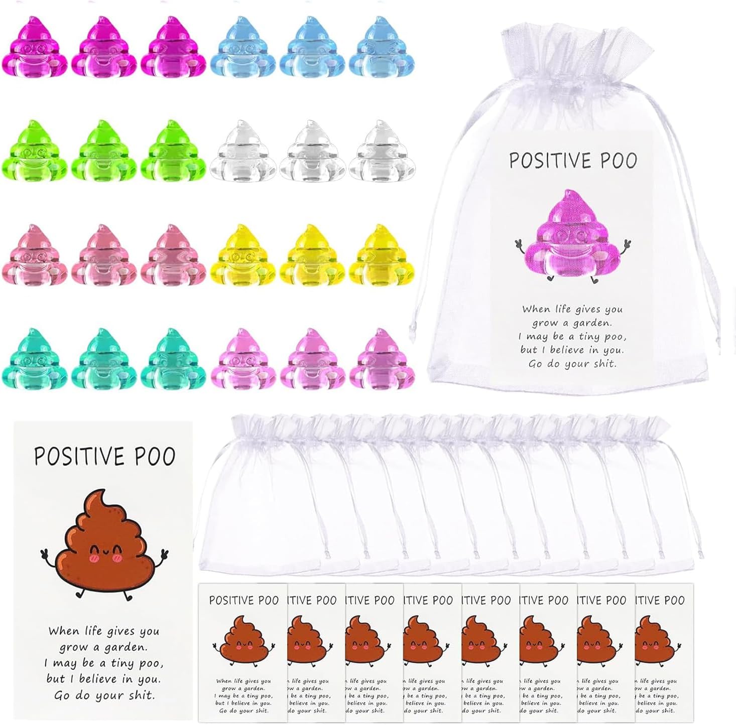 50 Sets Resin Cute Poop Rainbow Glitter Poop with Positive Poop Card Organza Bag Mini Acrylic Toy Inspiration Gift for Coworker Staff Students Teacher,Chlidren Party Supplie
