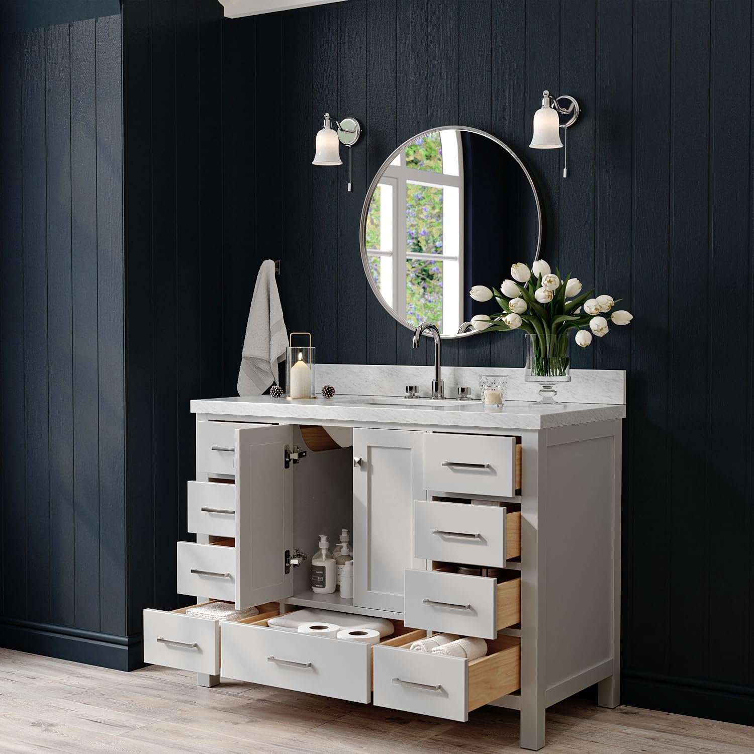 ARIEL Cambridge 48-inch Bathroom Vanity with Sink,Solid Wood, 1.5-inch Italian Carrara Marble Countertop, Single Rectangular Porcelain Sink, 2 Soft Closing Doors, 9 Dovetail Drawers, Grey