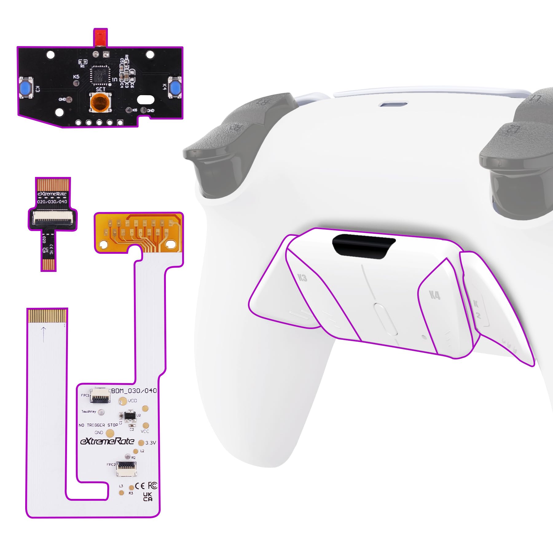 eXtremeRate RISE4 V4 Remap Kit pour ps5 Manette BDM-030/040/050/060, Coque Arrière Redessinée avec 4 Palette pour ps5 Manette BDM-030/040/050/060, Carte améliorée, Blanche Pur