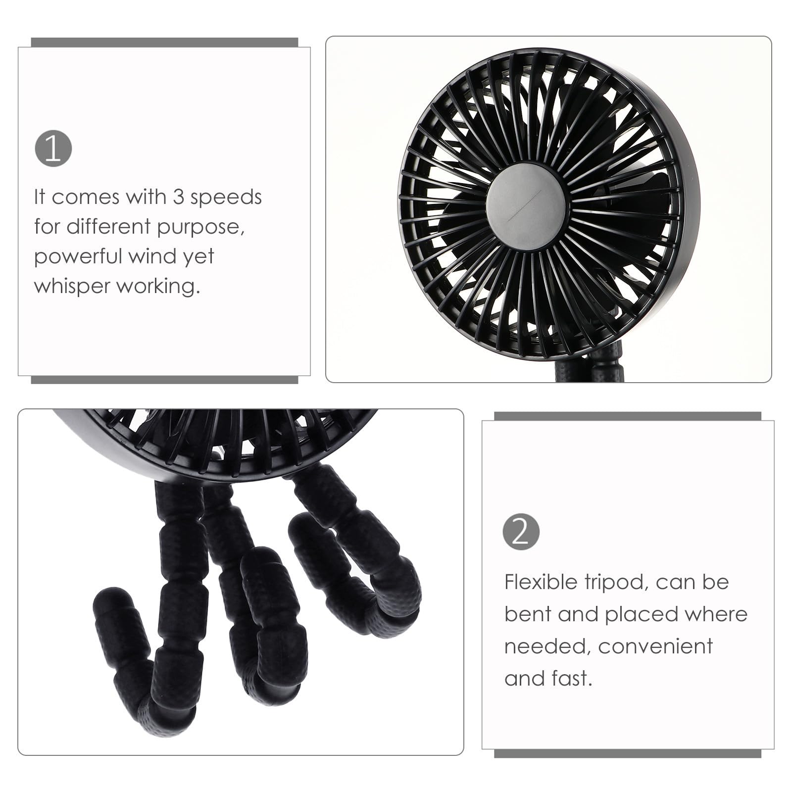 WOONEKY Ventilador de refrigeración para exteriores recargable con trípode flexible para cochecito de, negro, ABS y PP, ligero, para verano y uso al aire libre