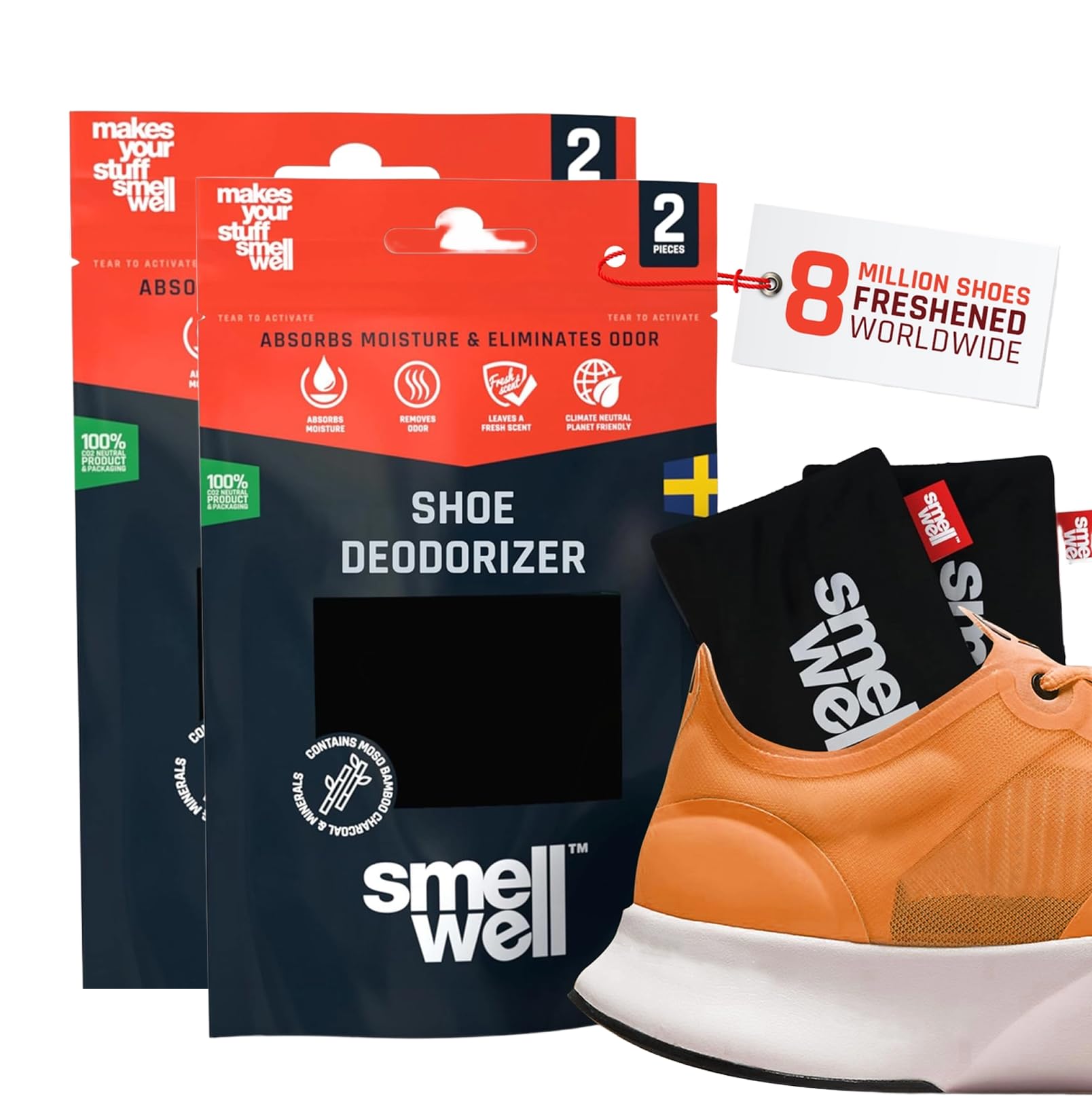 SmellWell - Scented Shoe Deodorizer Inserts - Odor Eliminators - Activated Bamboo Charcoal + Minerals - Natural Fresheners for shoes, bags, gloves - 4 x 1.8oz Original Size - Premium Black