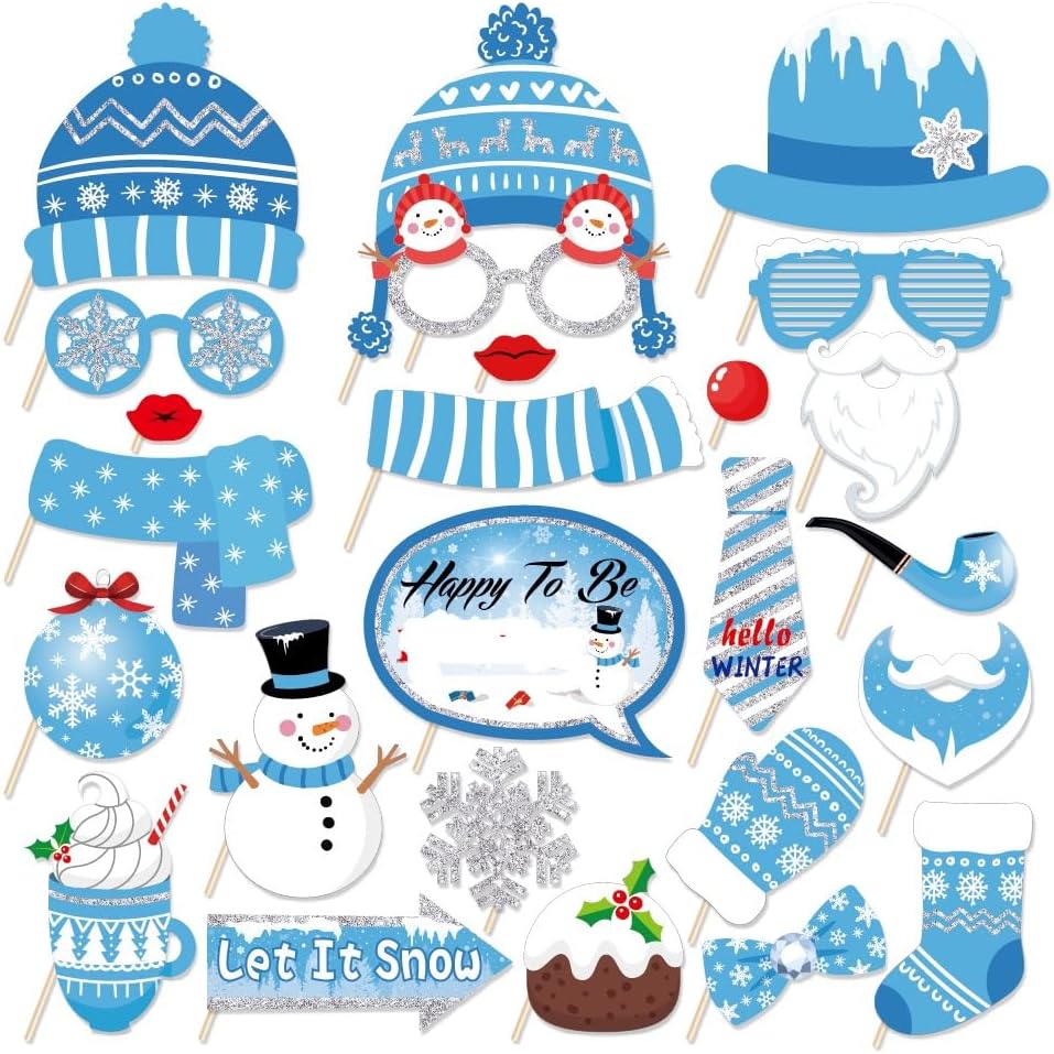 Snowman Photo Booth Props,Winter Wonderland Snow Booth Props(25CT)