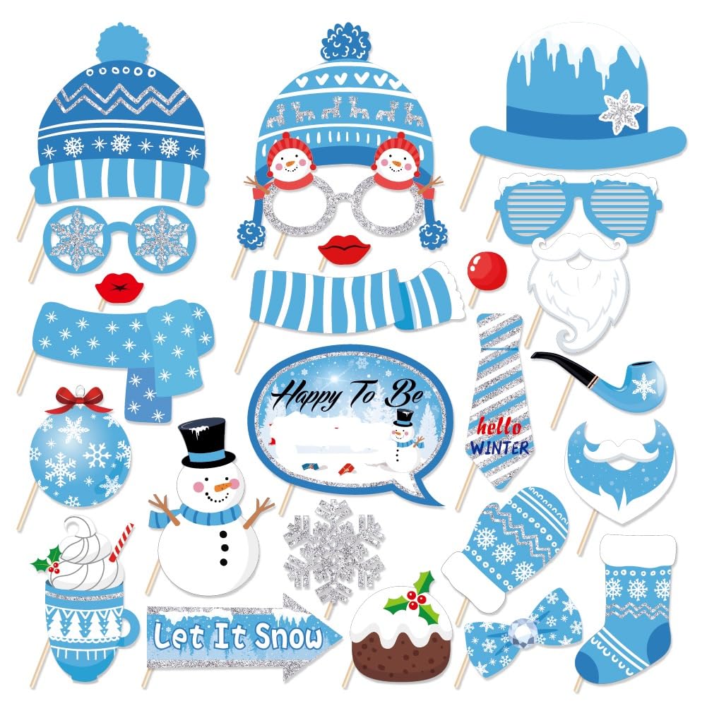 Snowman Photo Booth Props,Winter Wonderland Snow Booth Props(25CT)