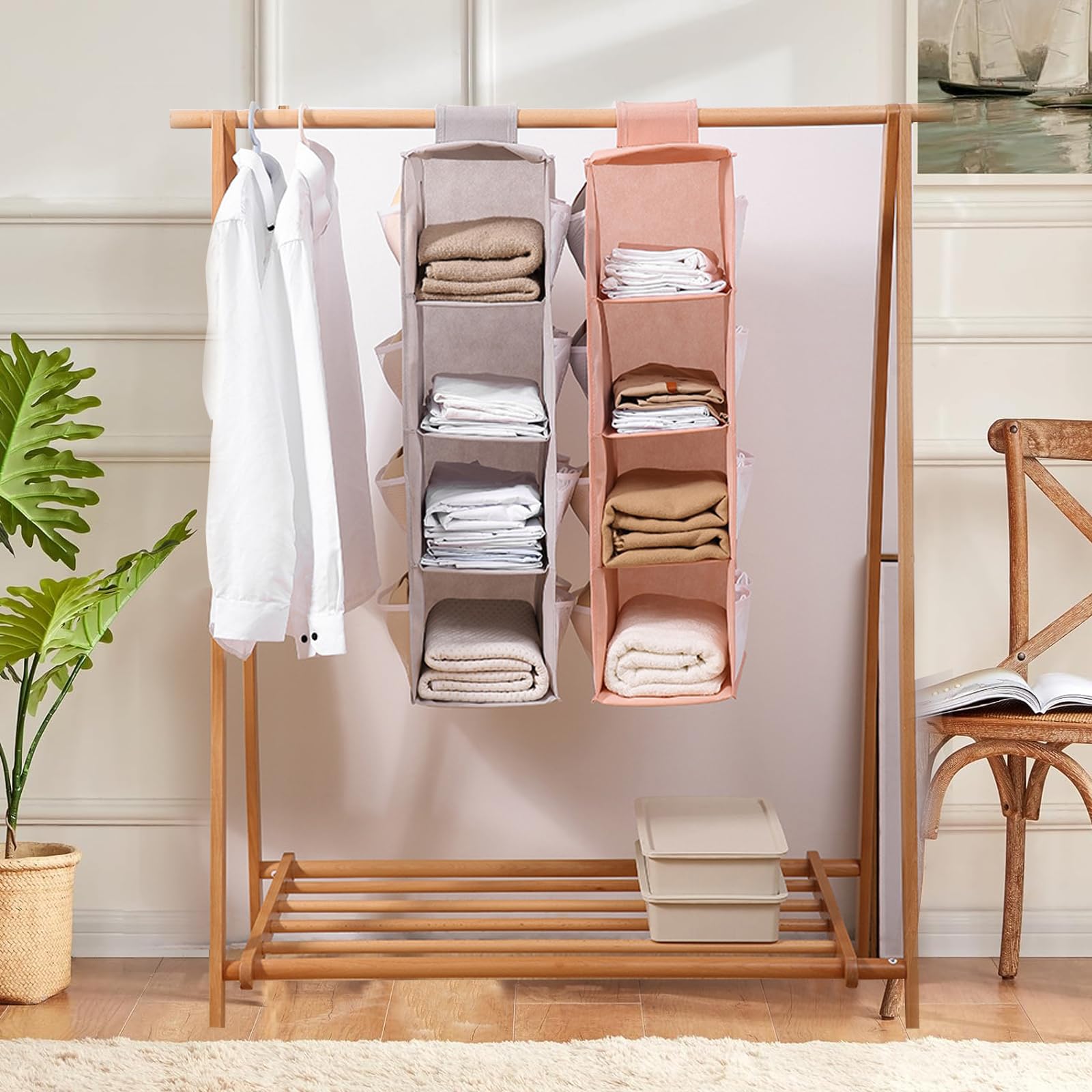 Lot de 2 étagères suspendues pour penderie, 4 Compartiments, avec 12 Poches latérales en Filet pour Armoire familiale, Chambre à Coucher, Pliables et Coupe Universelle (Gris et Rose)