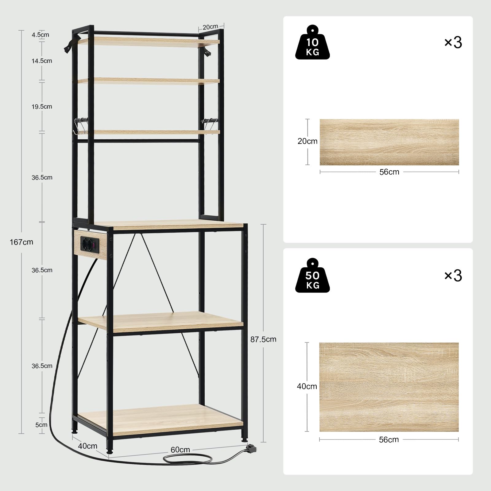 WOLTU Estantería Cocina con Enchufes, Soporte para Microondas con 6 Estantes y 6 Ganchos, Estanteria Almacenaje para Cocina Baño Salón, Metal+Madera, Negro+Roble Claro, 60x39,5x167 cm