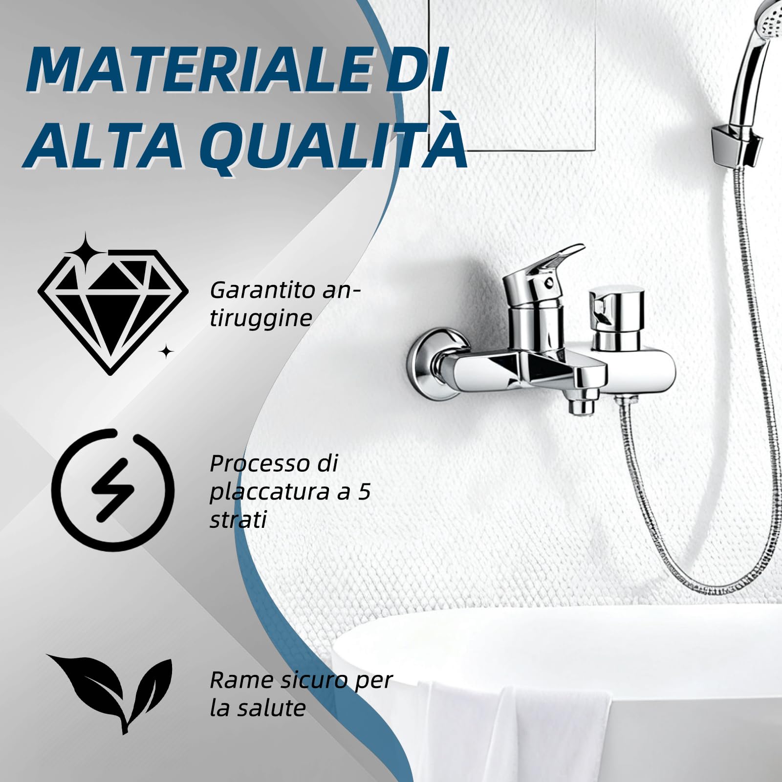 Rubinetto per vasca da bagno, montaggio a parete, miscelatore monocomando con beccuccio doccia da 1/2", superficie cromata (moderna)