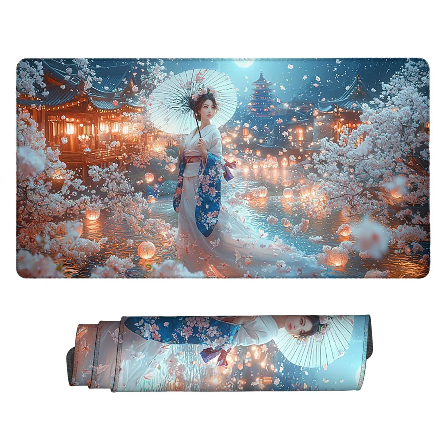 Podkładka pod mysz do gier XXL Mousepad 1000 x 500 mm, duża podkładka pod biurko z antypoślizgową gumową podstawą dla graczy, poprawia precyzję i szybkość (Geisha Sakura) X-959