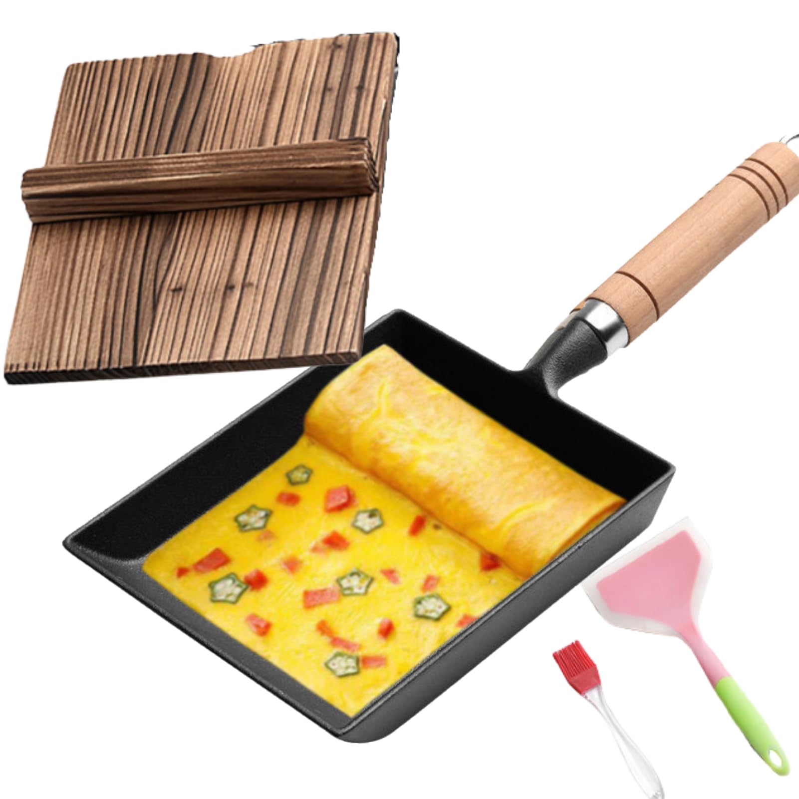 Tamagoyaki-Pfannen-Set aus Gusseisen, japanische Omelettpfanne mit Holzdeckel, Silikon-Spatel und Ölbürste, 35 x 15 cm, Eierpfanne für Gas/Induktion/alle Herdarten