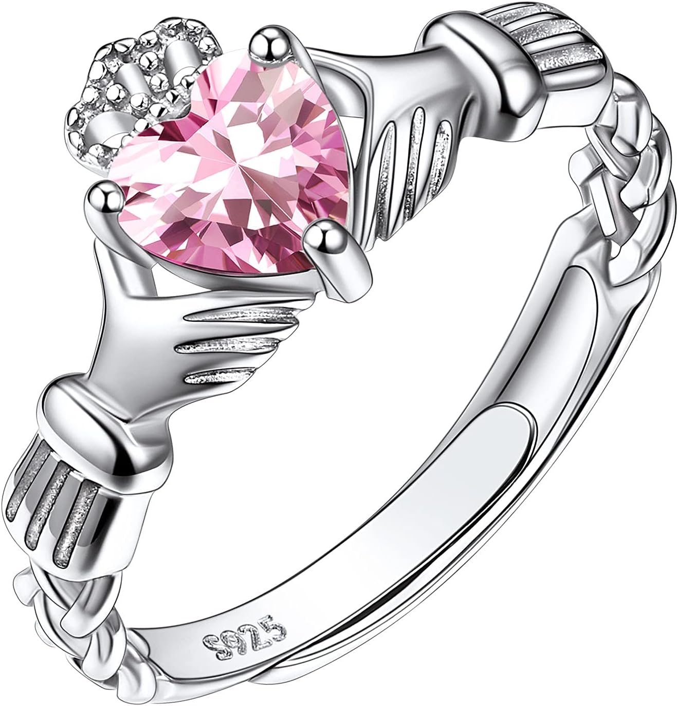 925 Sterling Silver Good Luck Celtic Twisted Knot/Claddagh Heart Birthstone Ring, Thin Delicate Adjustable Promise Engagement Ring Irish Jewelry for Women