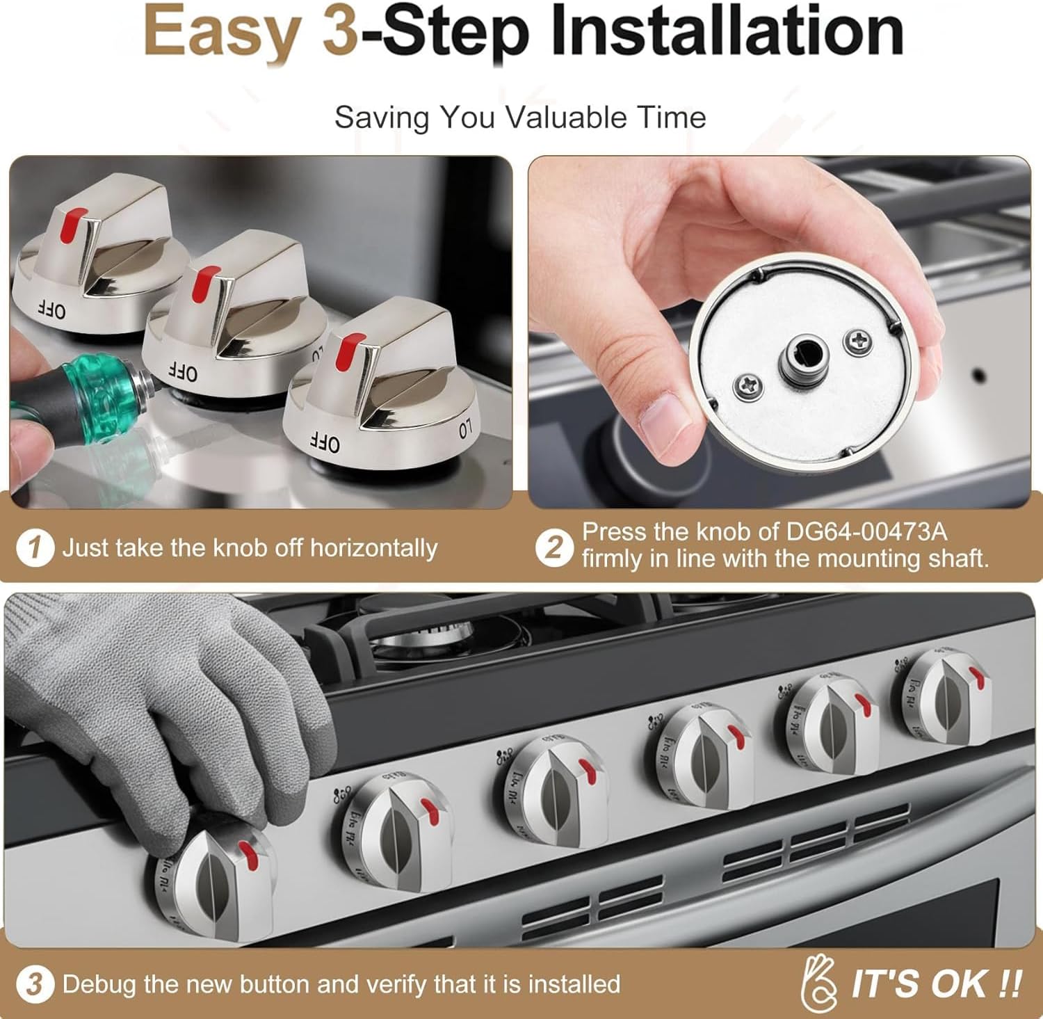 Upgraded Metal Ring 5-Pack Gas Range Knobs Replacement for Samsung NX58F5700WS NX58H5600SS NX58H5650WS NX58J7750SS NX58M6850SS Fits DG64-00473A (D-Shaft Only)