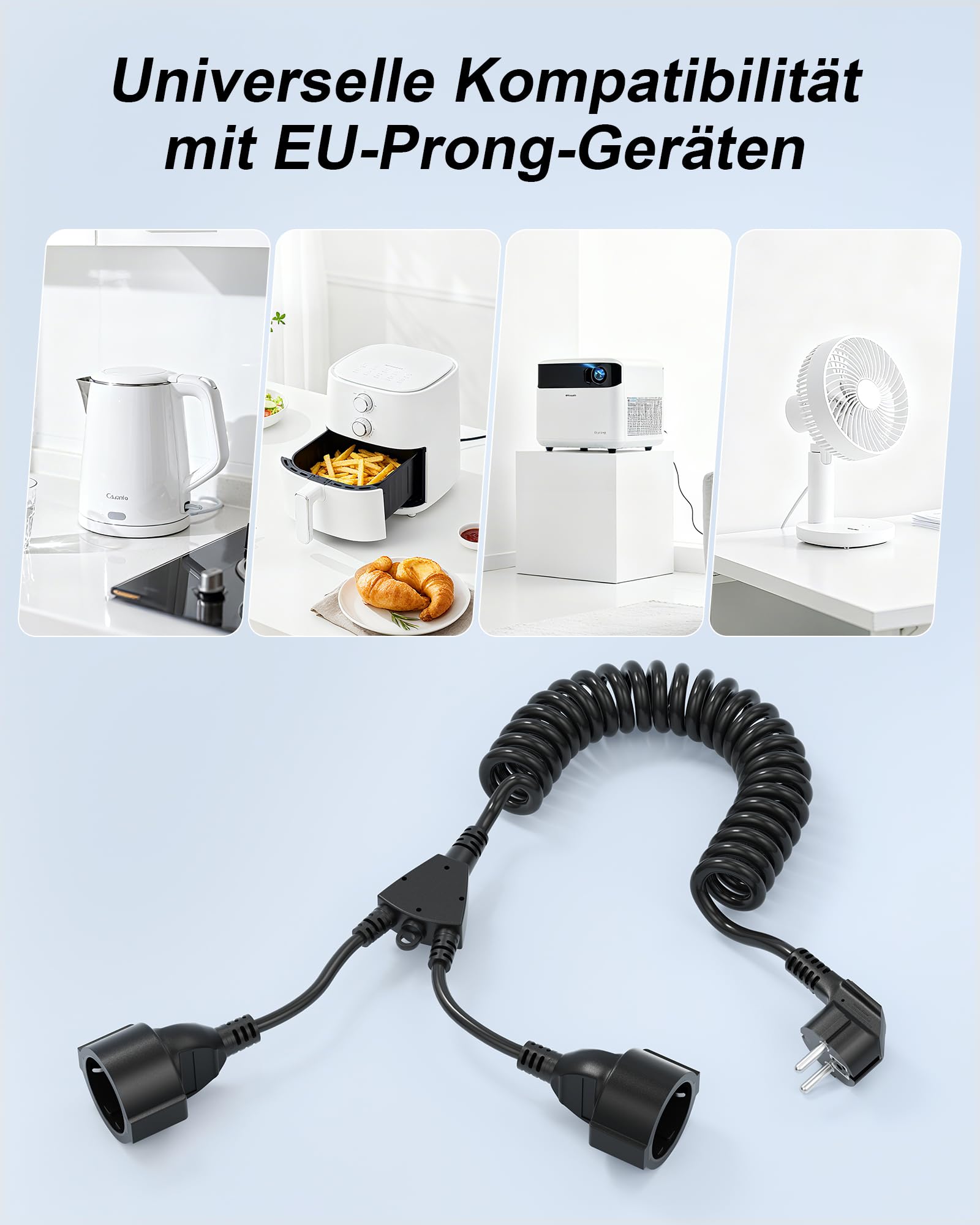 Podwójna wtyczka Schuko, kabel spiralny, 2 gniazda, kabel 1,5 m, rozdzielacz do kuchni, biura, gospodarstwa domowego (AC-2 Plug-TH-DE-Black)