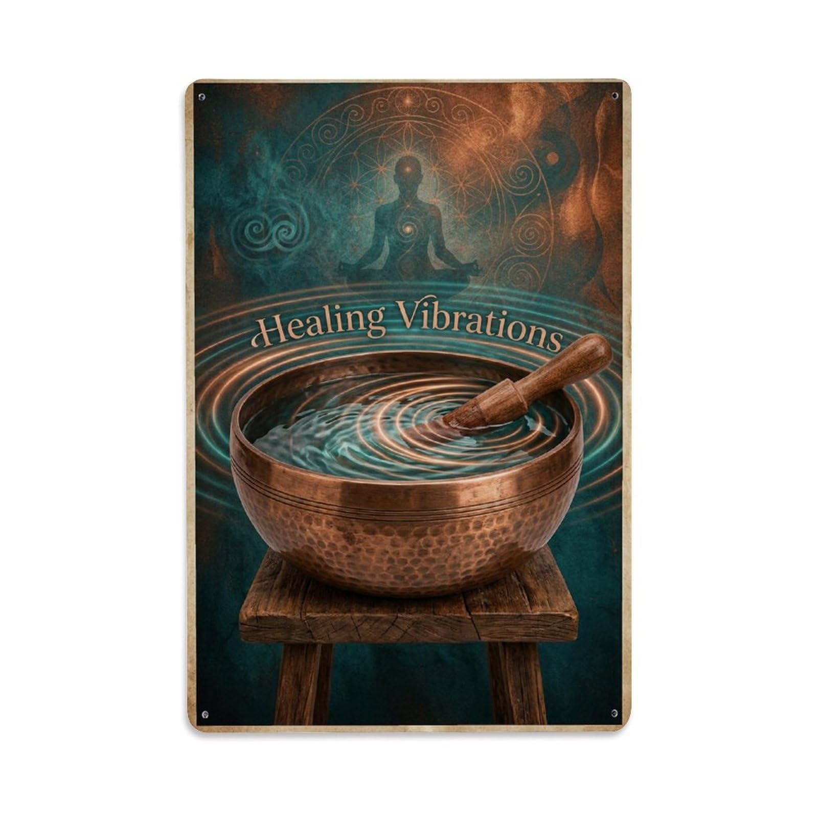 Healing Vibration Buddhist Singing Bowl Meditation Wildlife Metal Tin Sign Plaque Wall Decor for Cafe, Man Cave, Club Bar, Office, Home Garden Round Metal Poster 8x12Inch