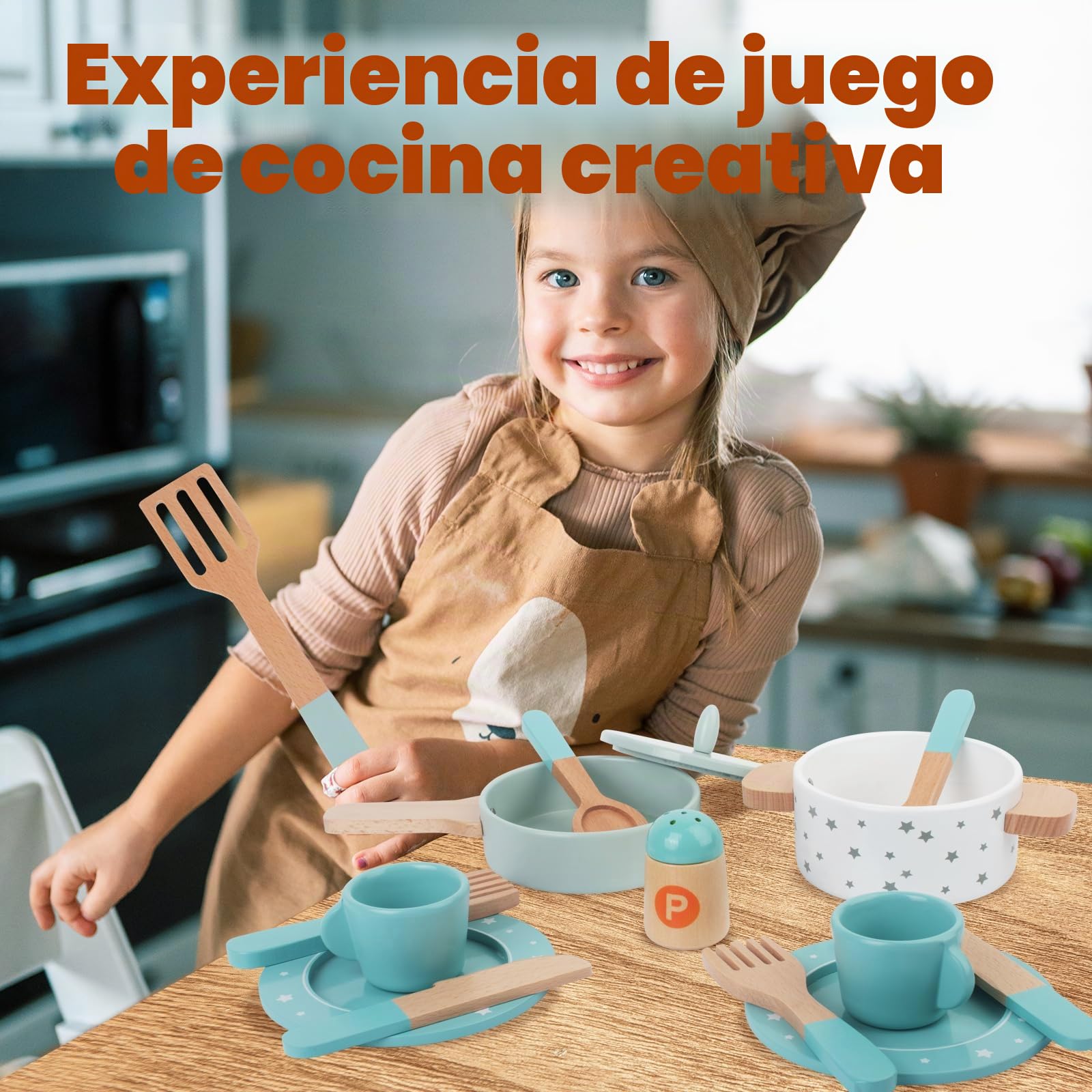 Juguetes de Cocina para Niños Accesorios, Juego de Ollas y Sartenes de Madera, Juego de Utensilios de Cocina, Juegos de Cocina Simulados de rol Niños, Juguete Educativo para Niños de 3 4 5 6 7 8 Años
