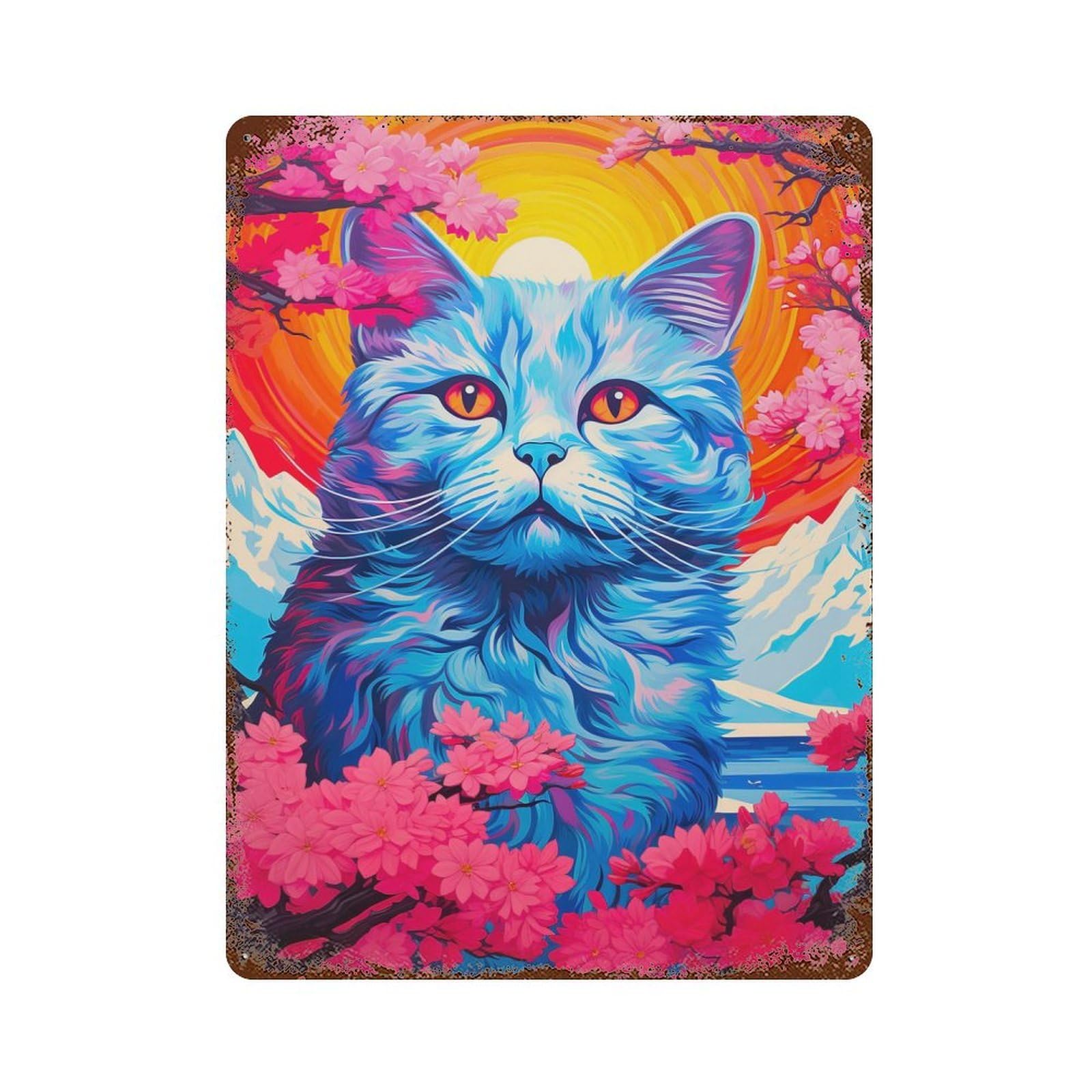 Cat Cherry Blossoms 15.7"x11.8" Rustic Tin Plaque, Novelty Wall Decor for Living Room, Hallway And Home Decor