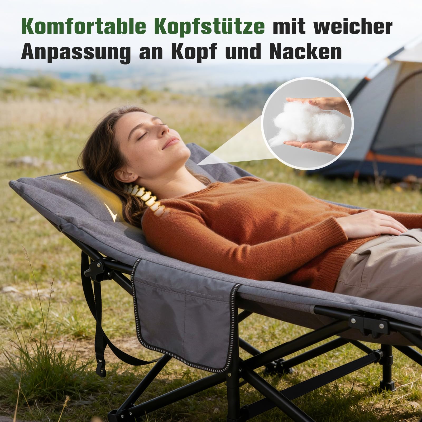 Sekey Campingbett klappbar mit Polster & Seitentasche, bis 190 x 71 x 36 cm, überbreite Liegefläche, Campingliege/Sonnenliege für Outdoor & Indoor – ideal für Garten, Camping, Festival und Reise