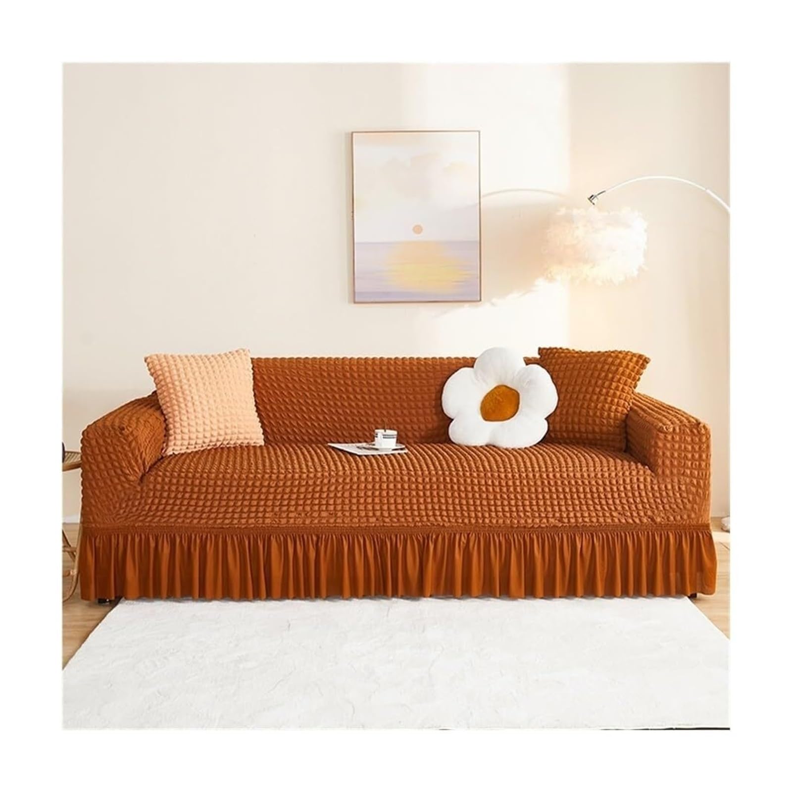 BEIWOSHA Seersucker Sofa Slipcover With Elastic Bottom And Ruffle Skirt, Washable Couch Covers High Stretch Furniture Slipcovers(6,2 seaters(145-185cm))