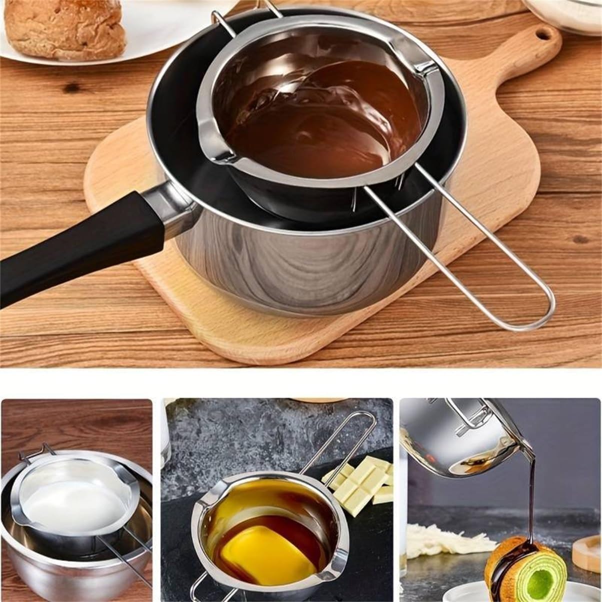 Heating Hot Pot, Safety Durable Long Handle Compact Lightweight Stainless Steel Melting Fondue Bowl for Chocolate Butter Cheese, 2 Pieces