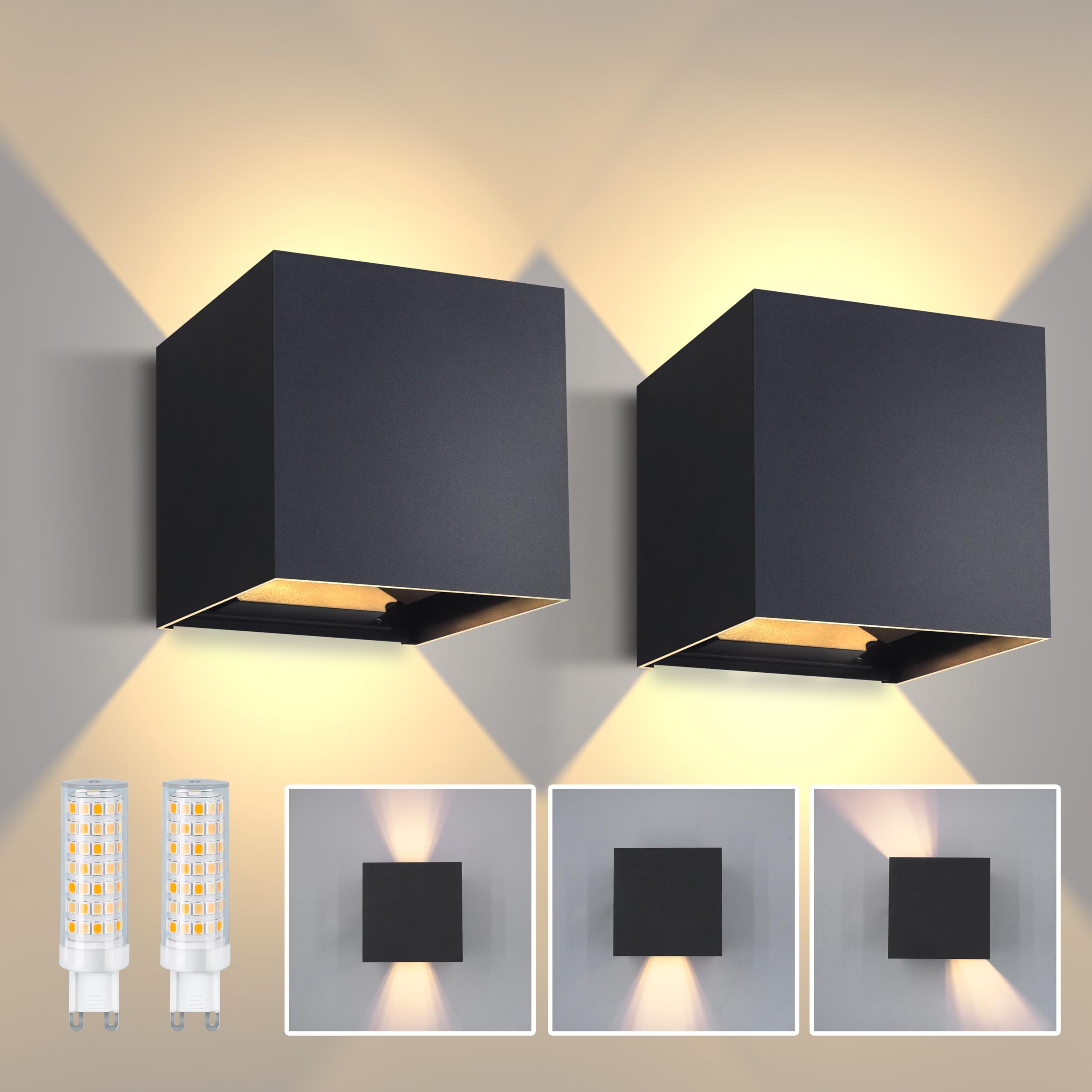KICAAO Applique da Parete LED Moderno, 2 Pezzi, 5W 3000K (Nero - 2PCS) | Lampadina G9 Sostituibile, Alluminio Applique, Impermeabile IP65, Interno/Esterno, Per Ingresso Giardino