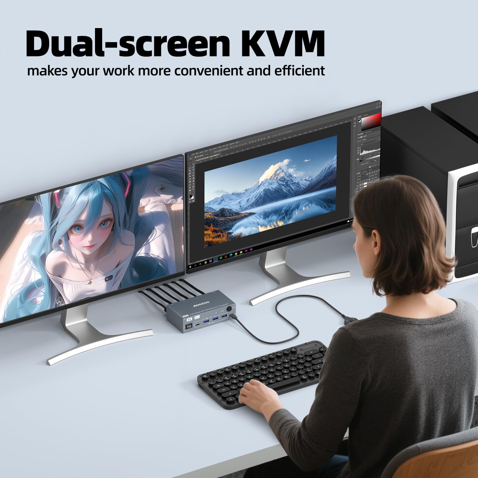 Displayport KVM Switch 2 computer 2 monitor, 8K@60Hz/4K@240Hz Dual Monitor KVM Switch con 4 porte USB 3.0, cavi USB e alimentatore, ideale per home office e gaming