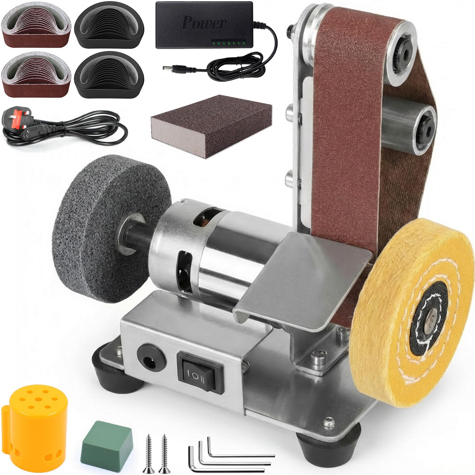 3-in-1 Electric Belt Sander, 7 Speed Adjustable Mini Power Sanding Machine with 30 Sanding Belts and 2 Grinding/Polishing Wheels, Bench Grinder for DIY Woodworking, Metal Crafting, Jewelry Making