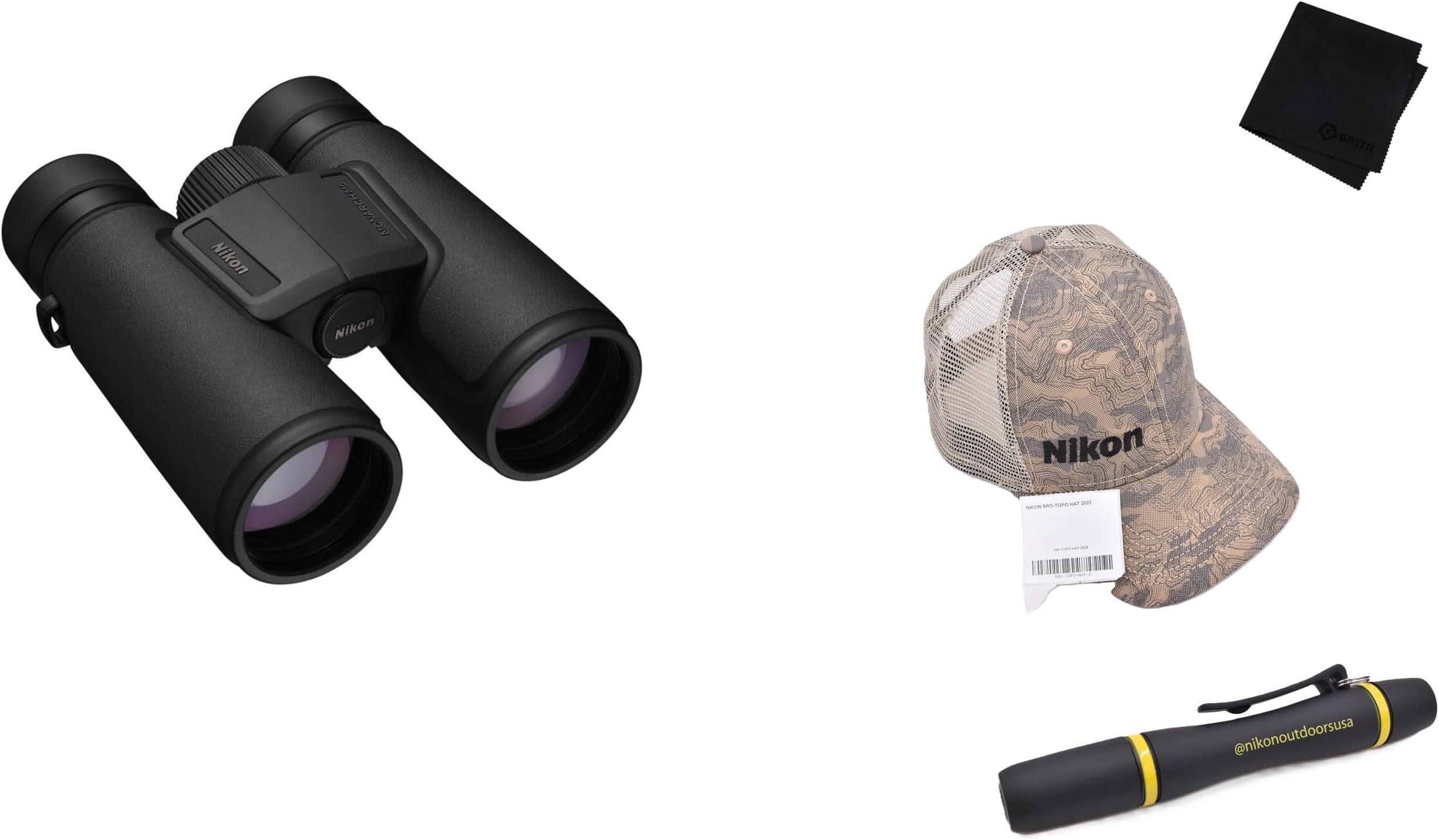 Nikon Monarch M5 Binocular Kit | 10x42 Binoculars with Topo Hat, Lens Pen & Gritr Microfiber | Waterproof Fogproof High-Resolution Optics for Birdwatching, Wildlife & Outdoor Adventures