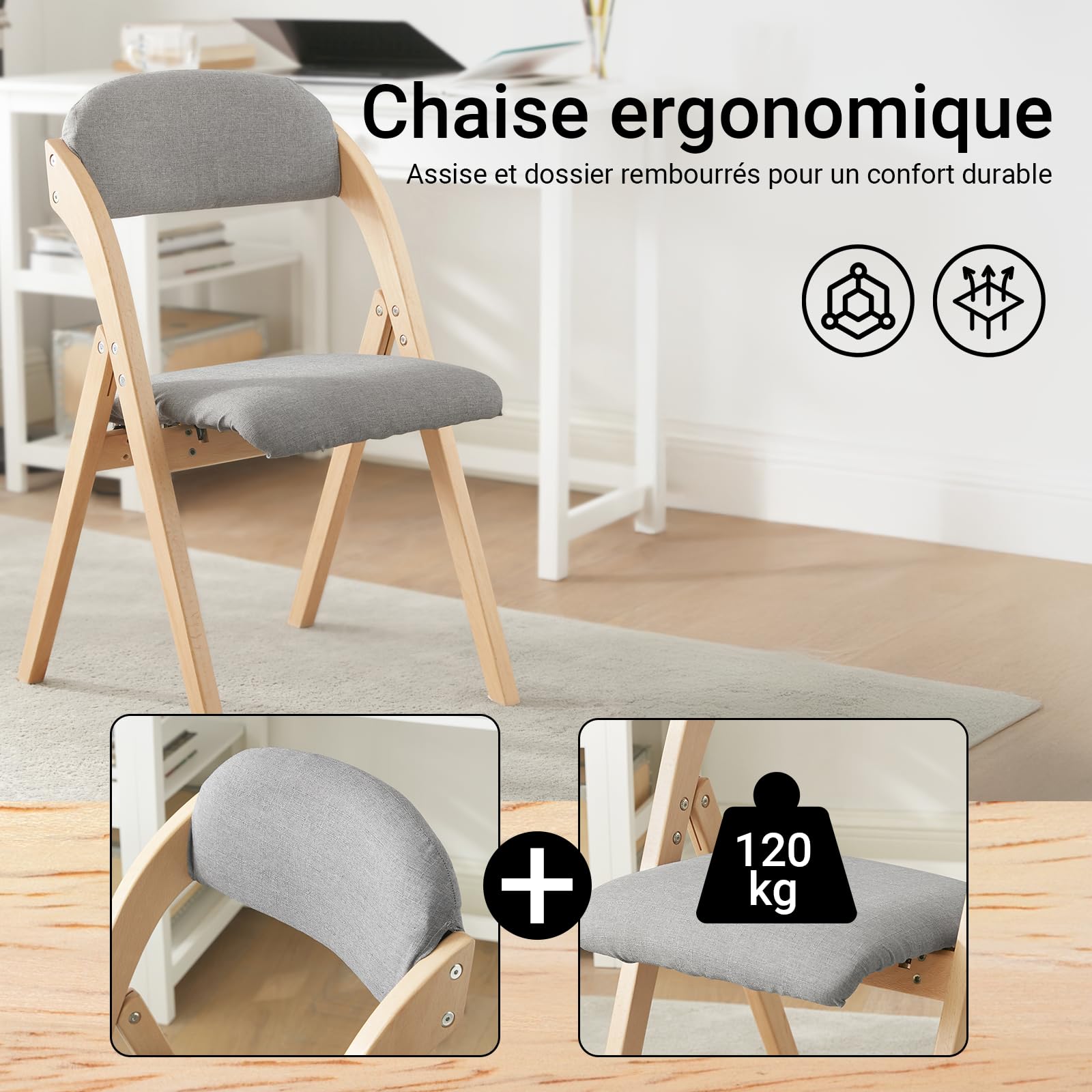 SoBuy Chaise Pliante en Bois rembourrée, montée, 47,5x77x59cm, pour Cuisine