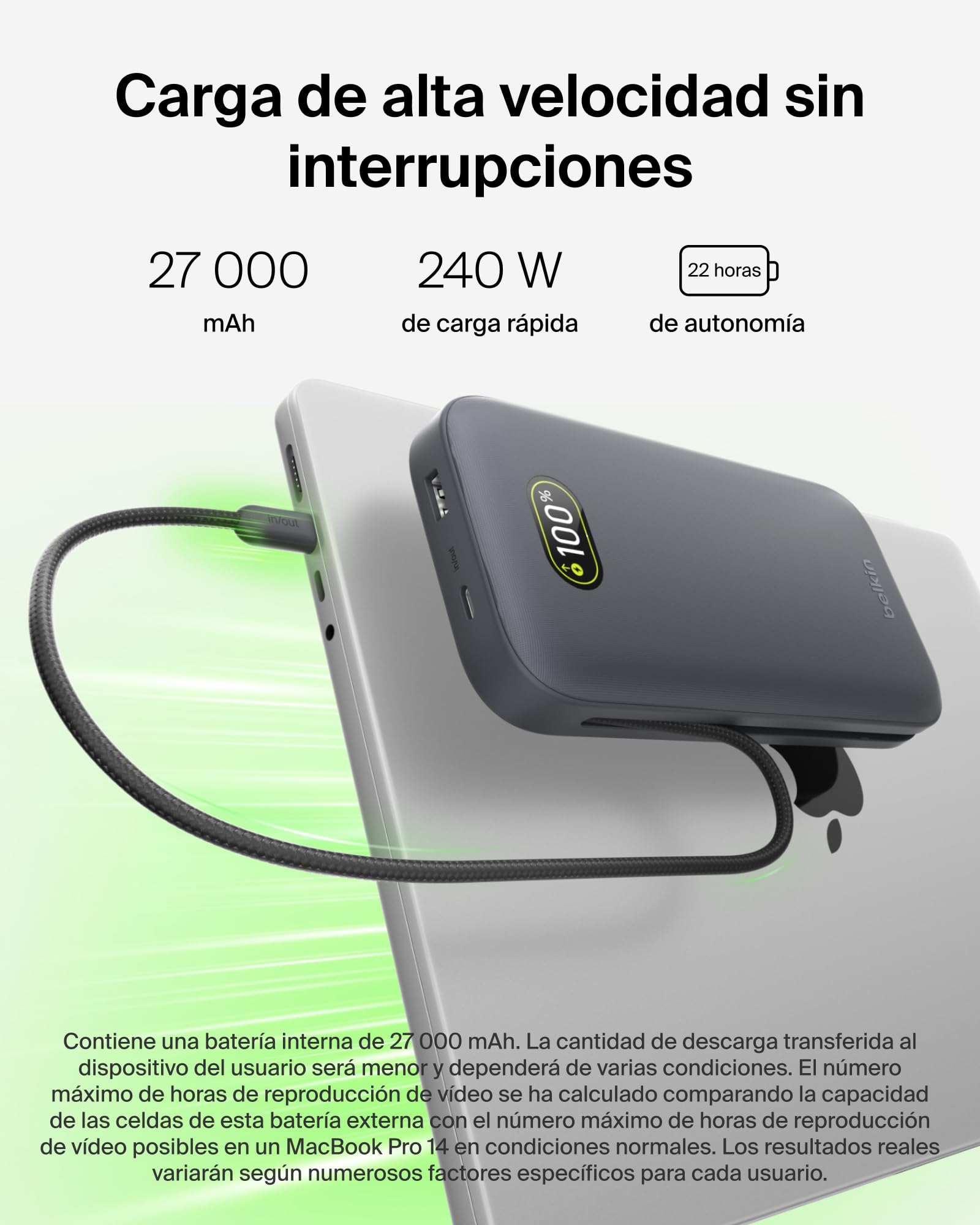 Belkin UltraCharge Pro Batería Externa Carga Rápida 27000mAh, Power Bank Con Cable USB C Integrado, USB PD De 240 W y USB A, Batería Portátil para MacBook Pro, iPhone, iPad, Galaxy, Pixel, Gris Carbón