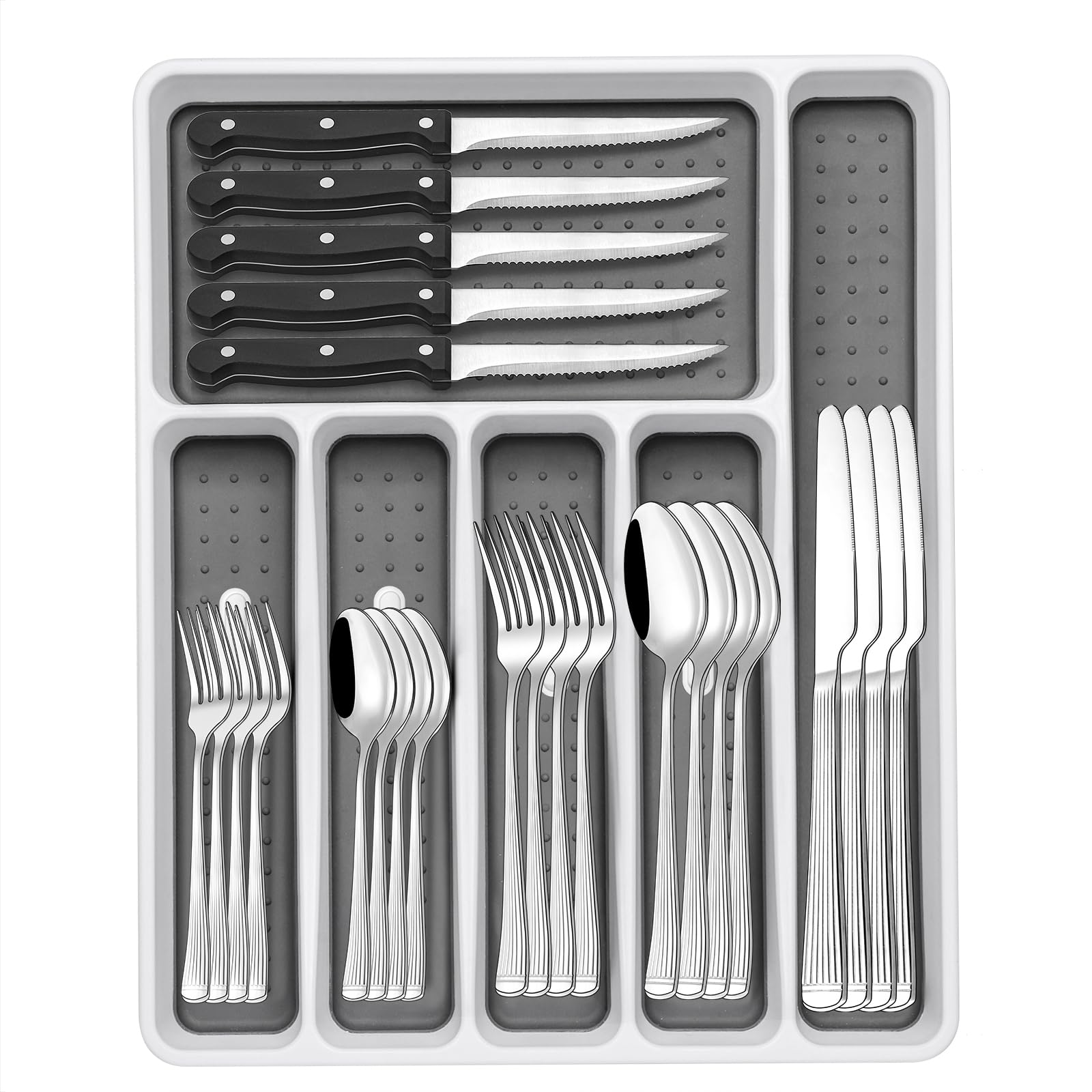 49-Piece Silverware Set with Organizer, Food-Grade Stainless Steel Flatware for 8, Cutlery Utensil Sets with Steak Knives, Rust-proof, Mirror Polished, Dishwasher Safe, Silver Roman Column