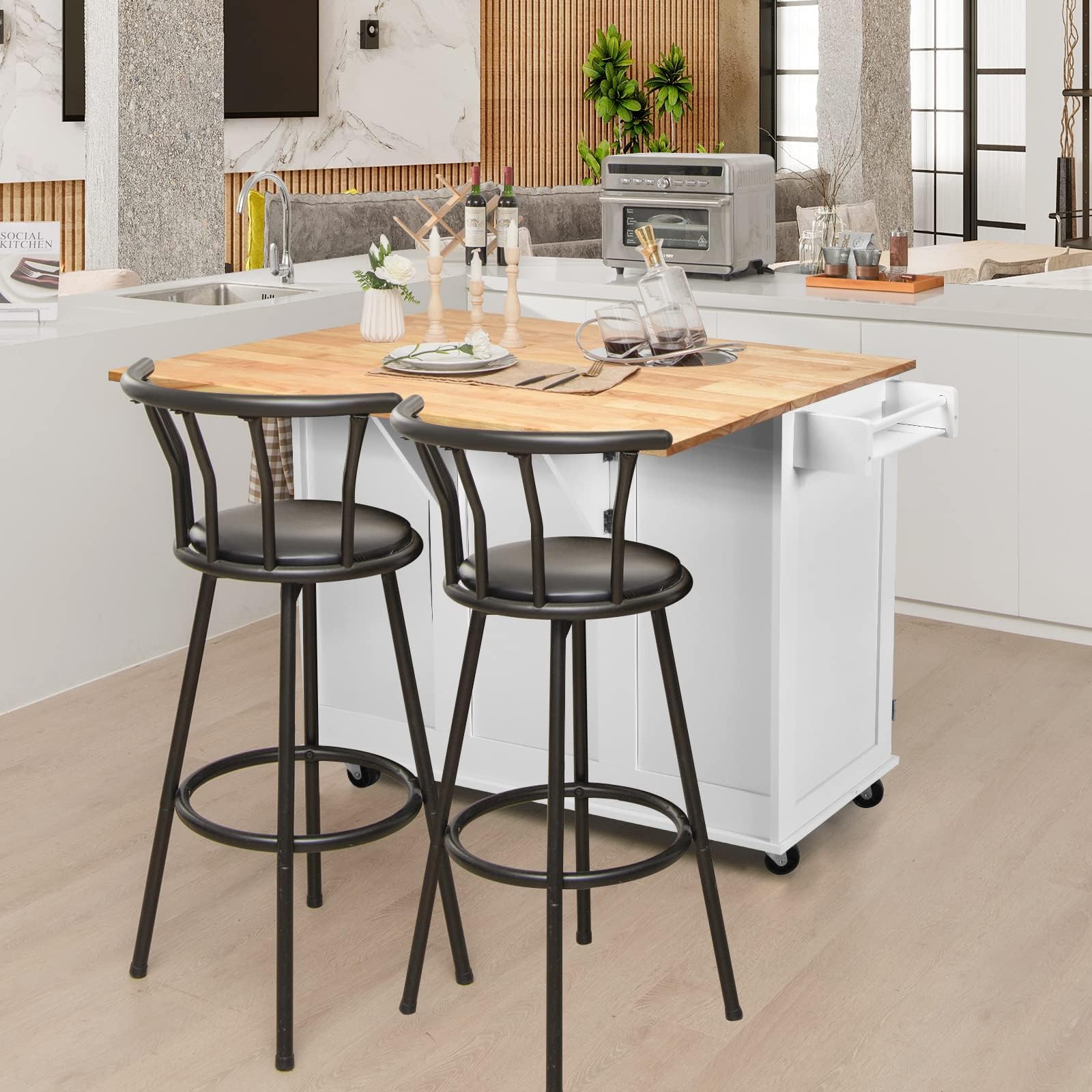 RELAX4LIFE Isola Cucina con Ruote Scorrevoli con Freni a Pedali, in Legno Verniciato con Armadietto e Cassetti Capienti,136 x 76 x 91 cm (BIANCO)