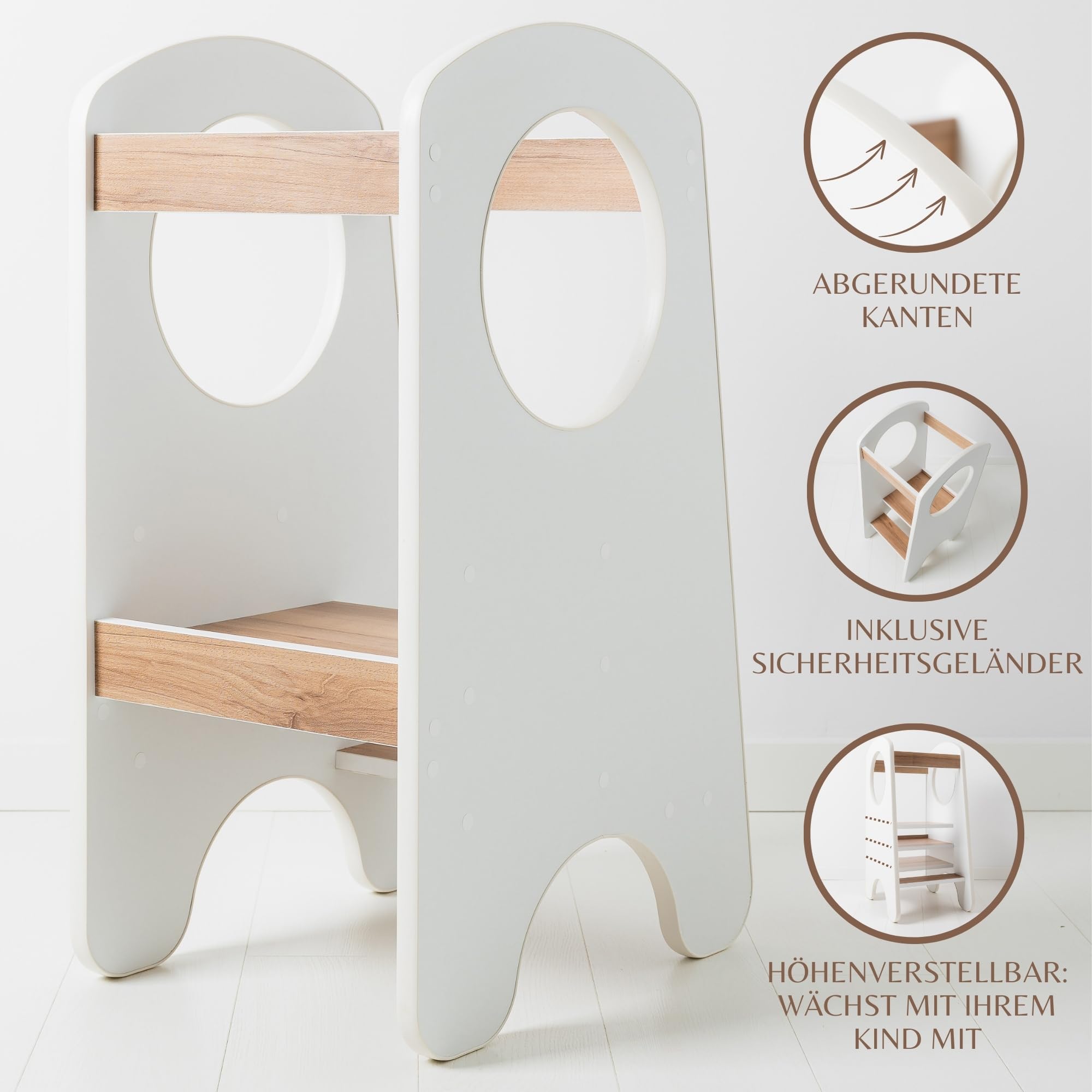 KIDIE Kinder Lernturm ab 1 Jahr, Montessori Höhenverstellbar Lernstuhl Baby, Toddler Learning Tower - Weiss