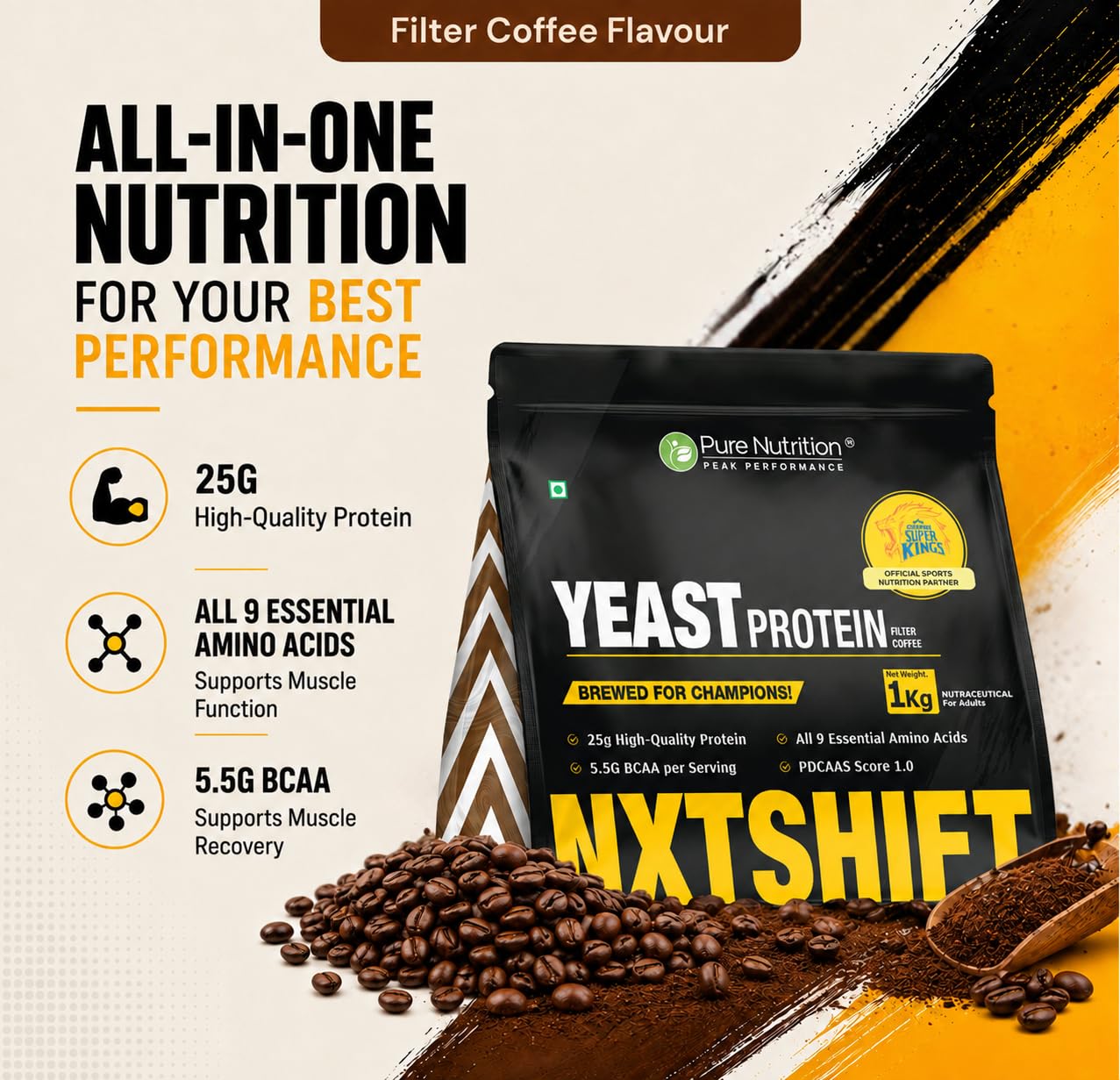 Pure Nutrition Fermented Yeast Protein Isolate Powder | 25g Protein | Higher Absorption than Plant Based Pea Protein Powder | Superior Muscle Recovery | Gut Friendly | Vegan Protein | 1kg Filter Coffee Flavour — Amazon image 2