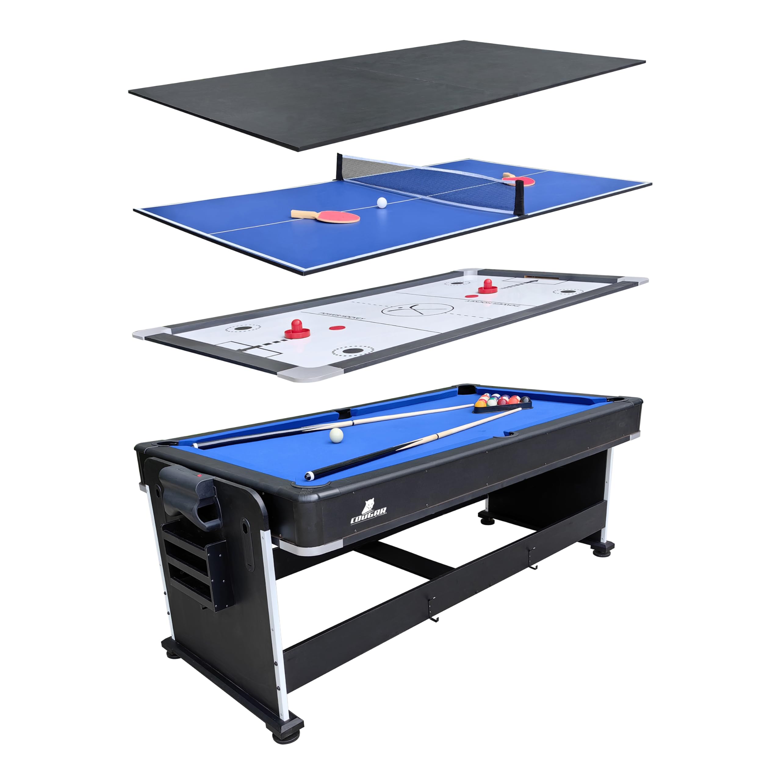 Cougar 4-in-1 Multi Spieltisch in Schwarz | Multi funktions Spieltisch inkl. Zubehör | Multigame/Multispieltisch | Tischtennis, Pusch Hockey, Billardtisch & Esstisch