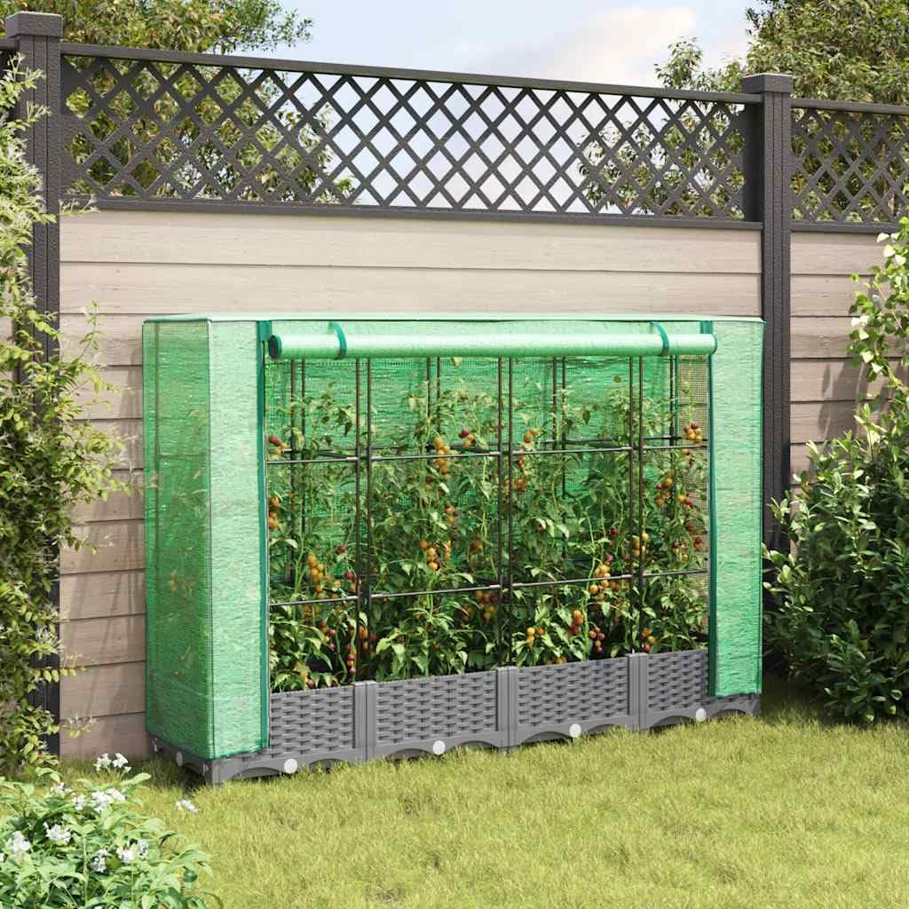 Jardinera con accesorio de invernadero en aspecto de ratán 160 x 40 x 123 cm, maceta de polipropileno con marco de tubos de hierro, jardinera para jardín, semillero con cubierta impermeable