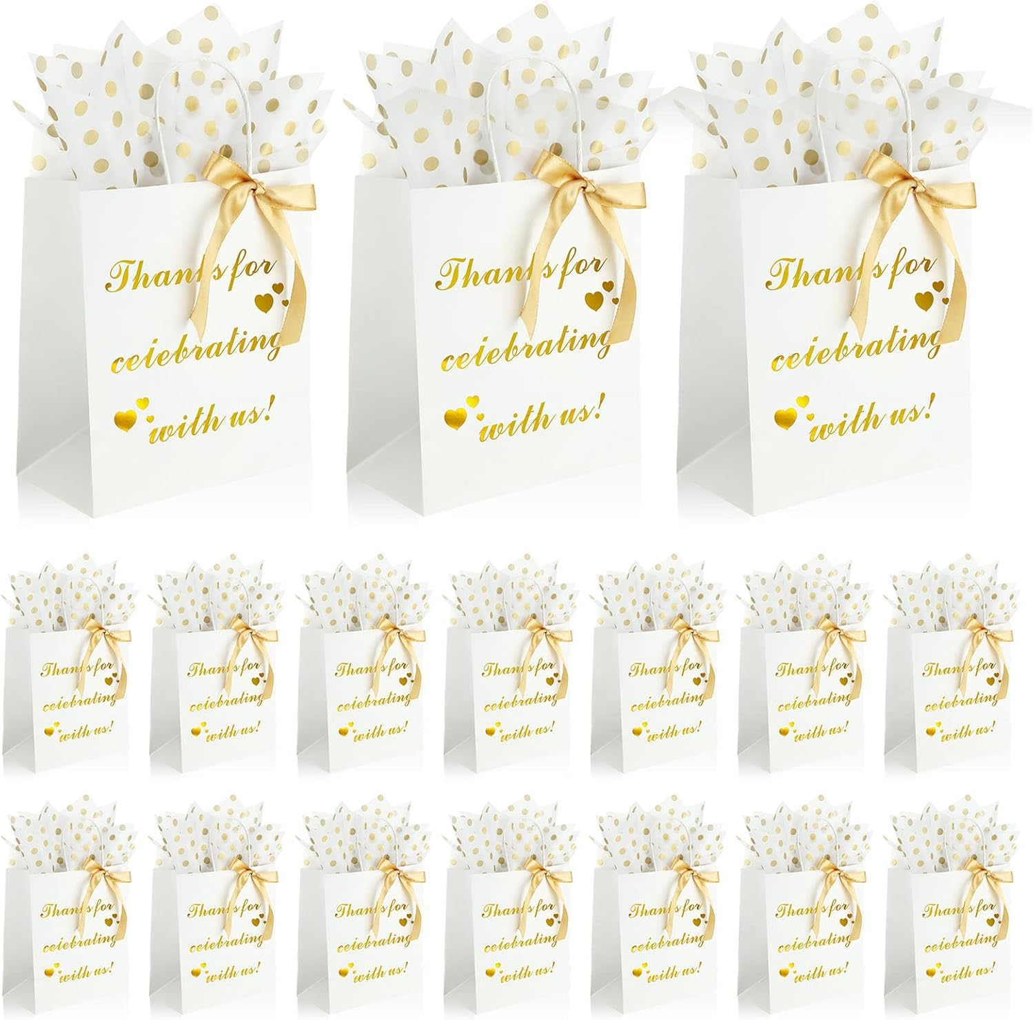 50 Pcs Wedding Gift Bags Bridal Welcome Bags with Ribbons Tissue Paper Wedding Favor Gold Foil Bags Thank You Gift Bags with Handles for Guest Birthday Party Baby Shower, 8 x 4.5 x 10 Inch (White)